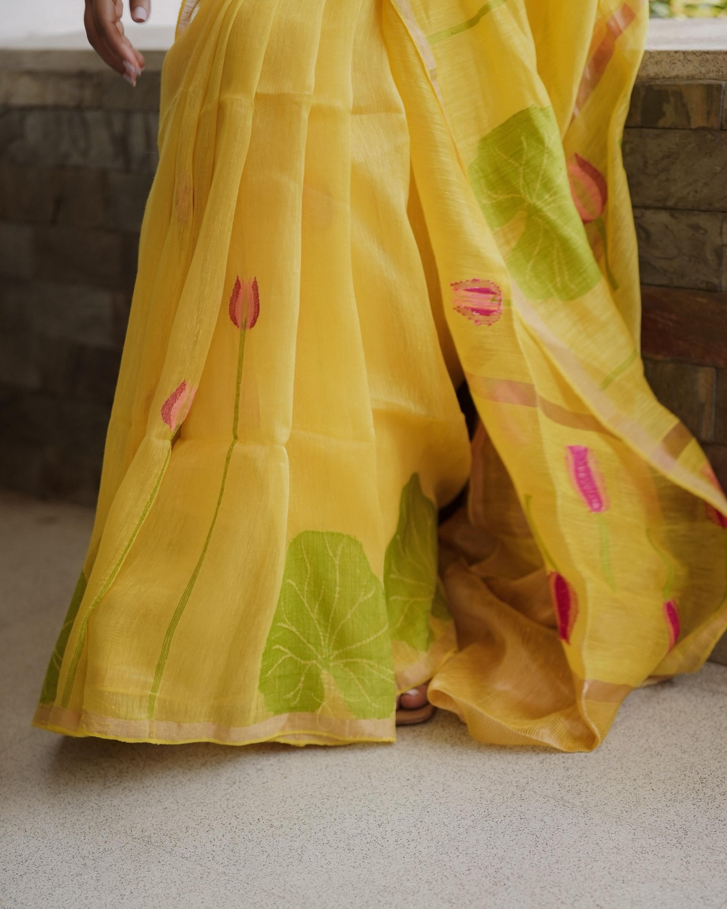 Yellow Silk Linen Saree- Lotus