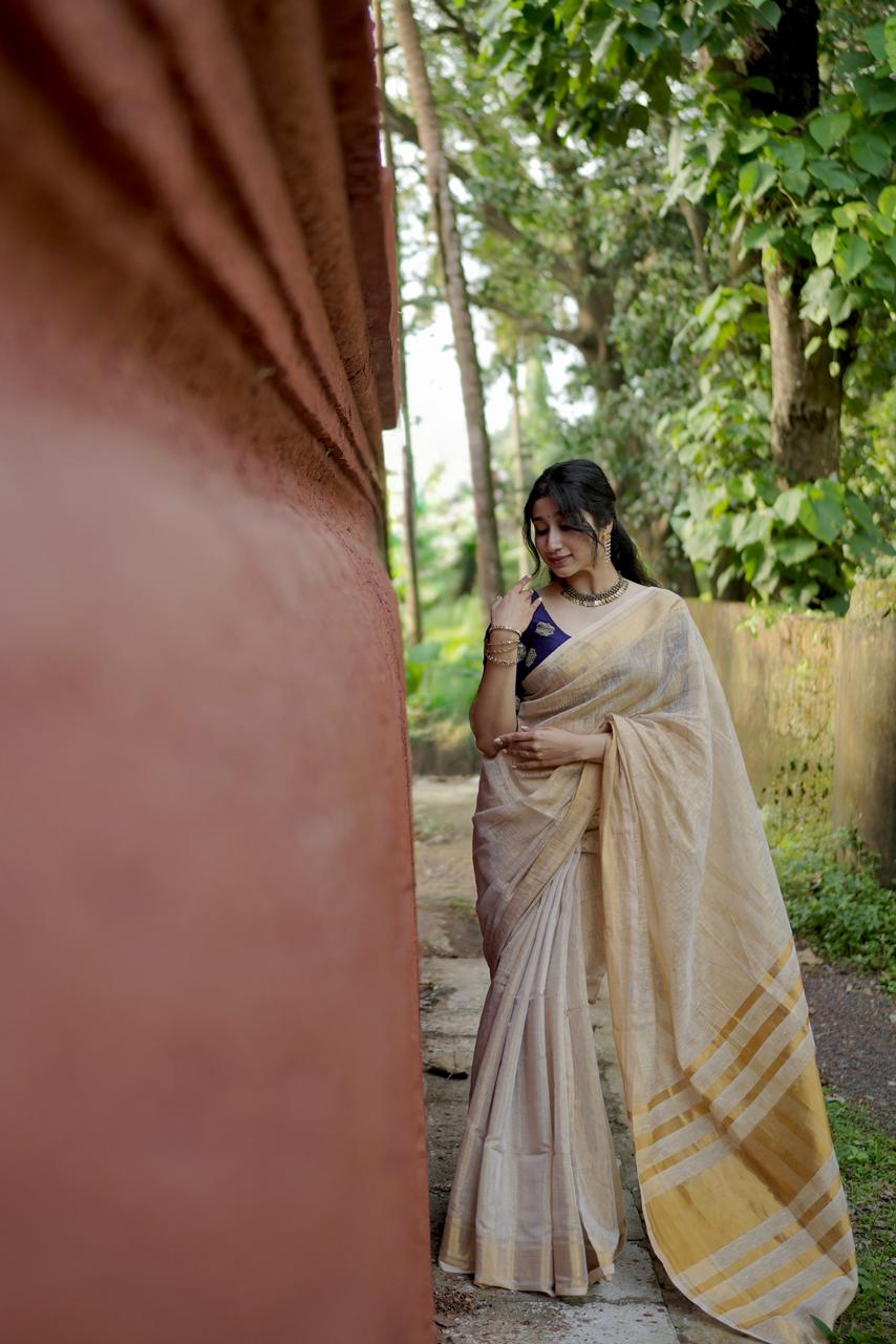 Golden Tissue Linen Saree
