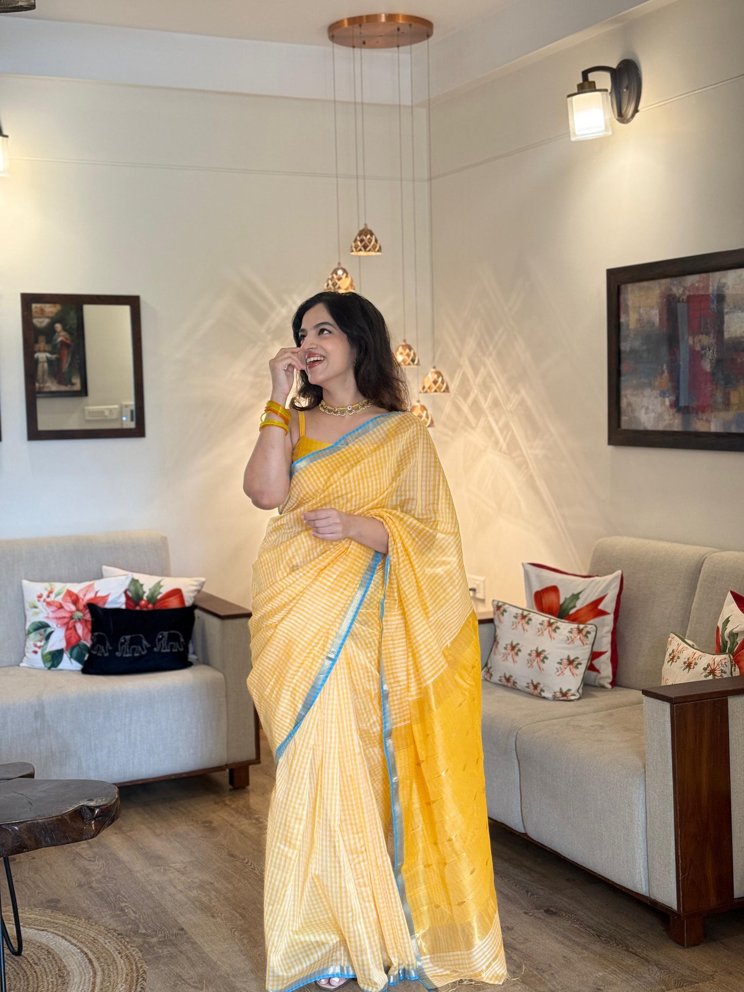 Yellow Checks Maheshwari Silk Cotton