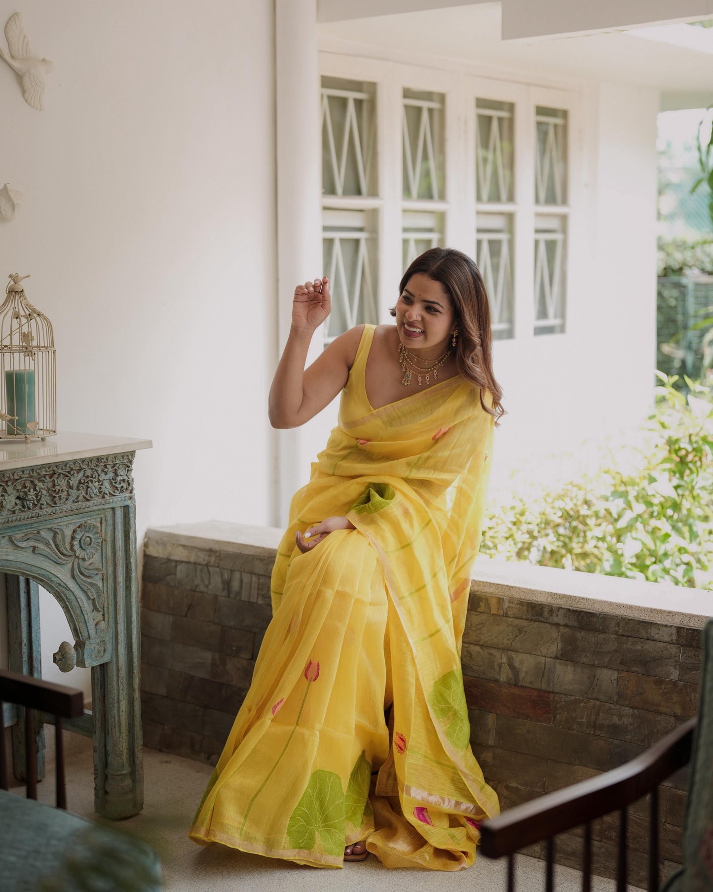 Yellow Silk Linen Saree- Lotus