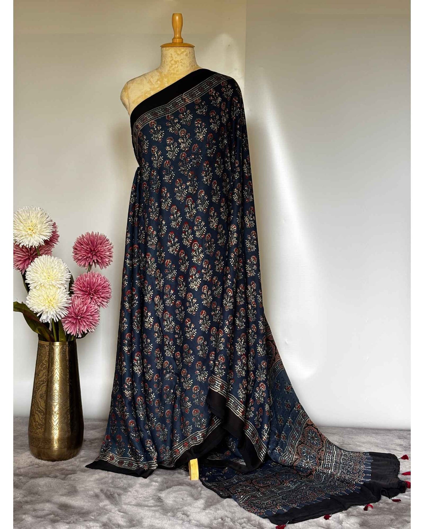 Blue Marigold Ajrakh Modal Silk Saree