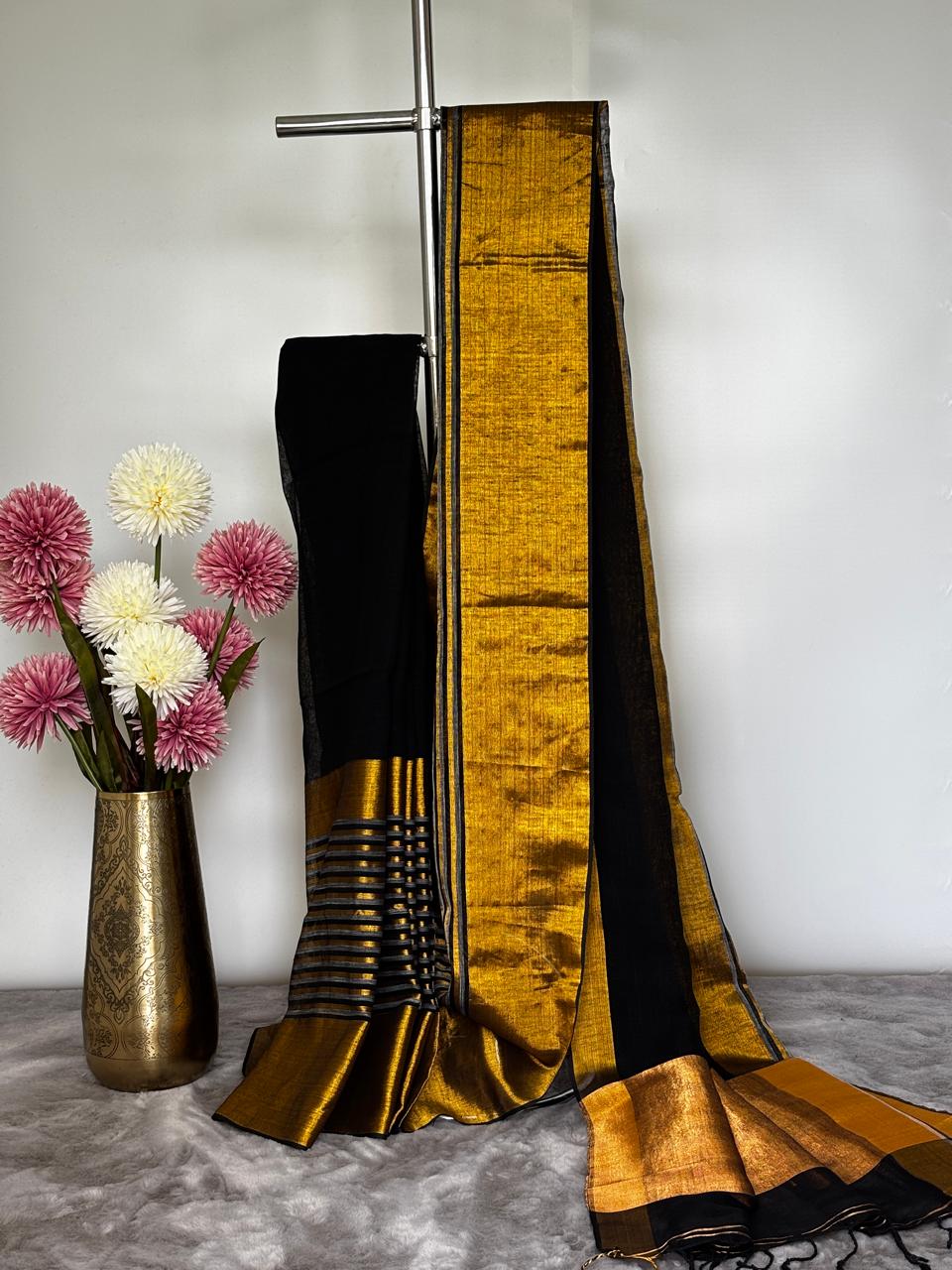 Black Striped Mahapaar Linen Saree