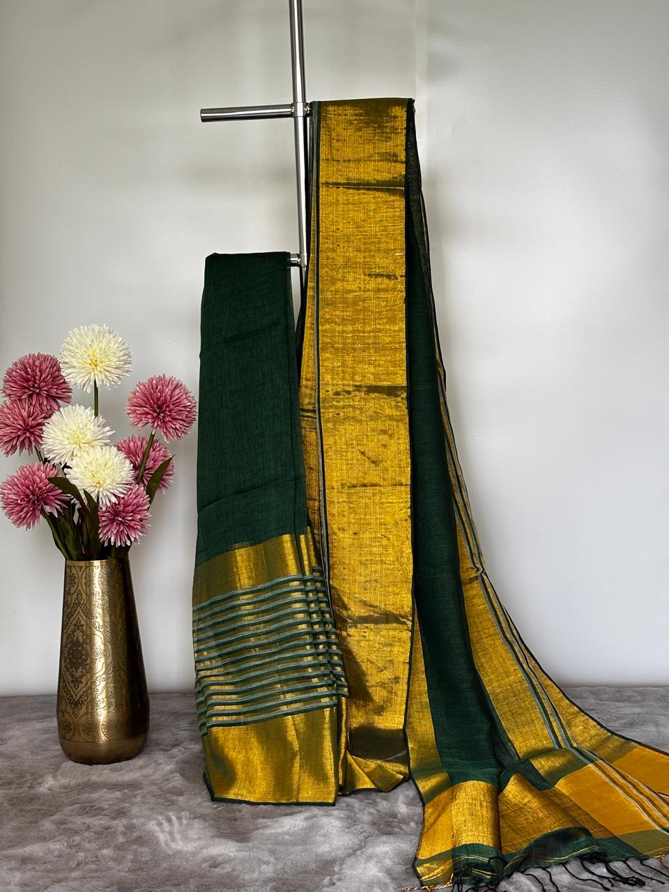 Bottle Green Striped Mahapaar Linen Saree