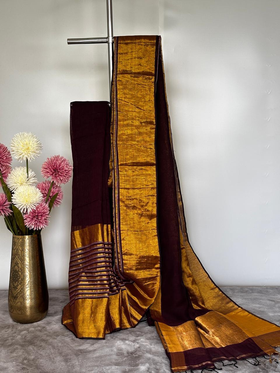 Brown Striped Mahapaar Linen Saree