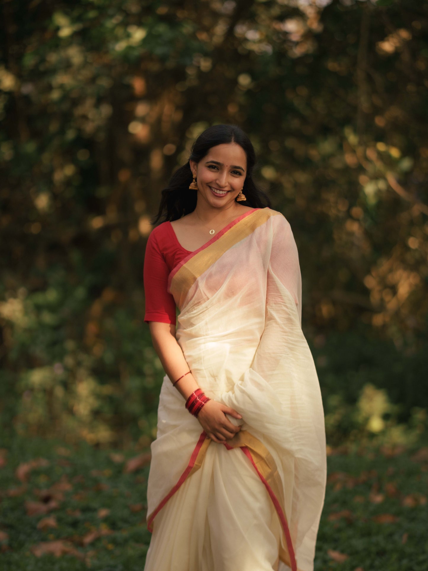 Mul Cotton Saree - Off white with Red and Golden border