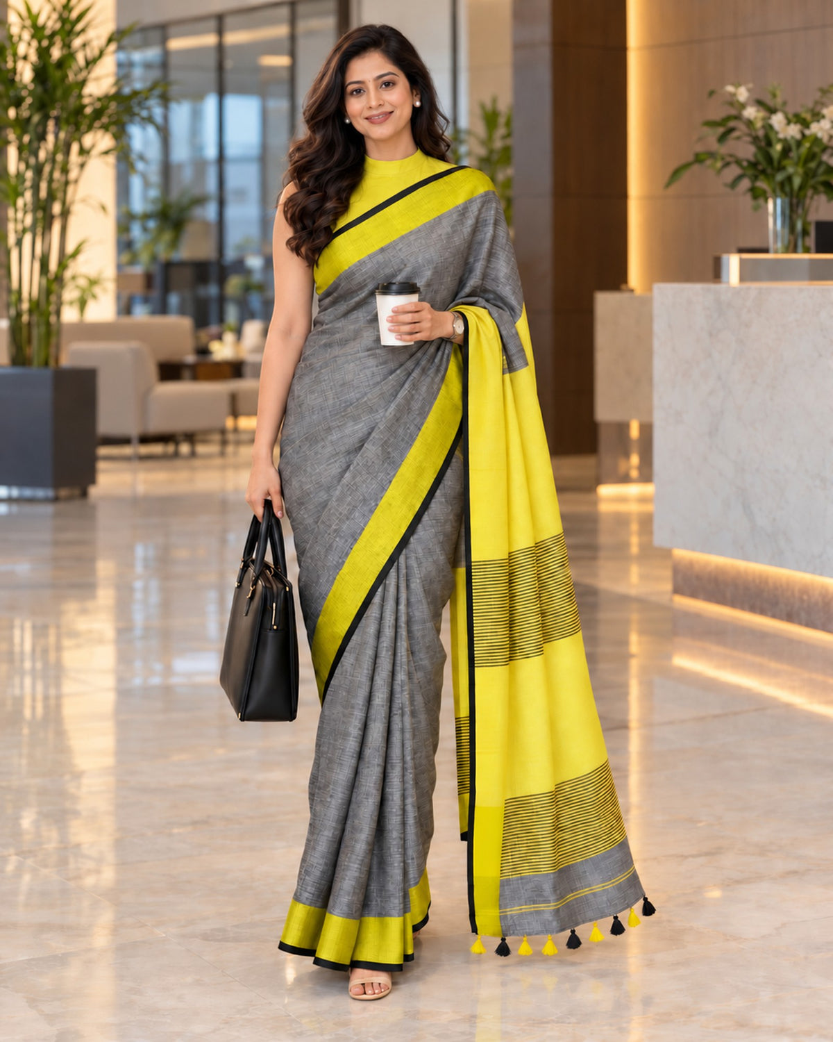 Silver Sunshine- Grey and Yellow Linen Saree