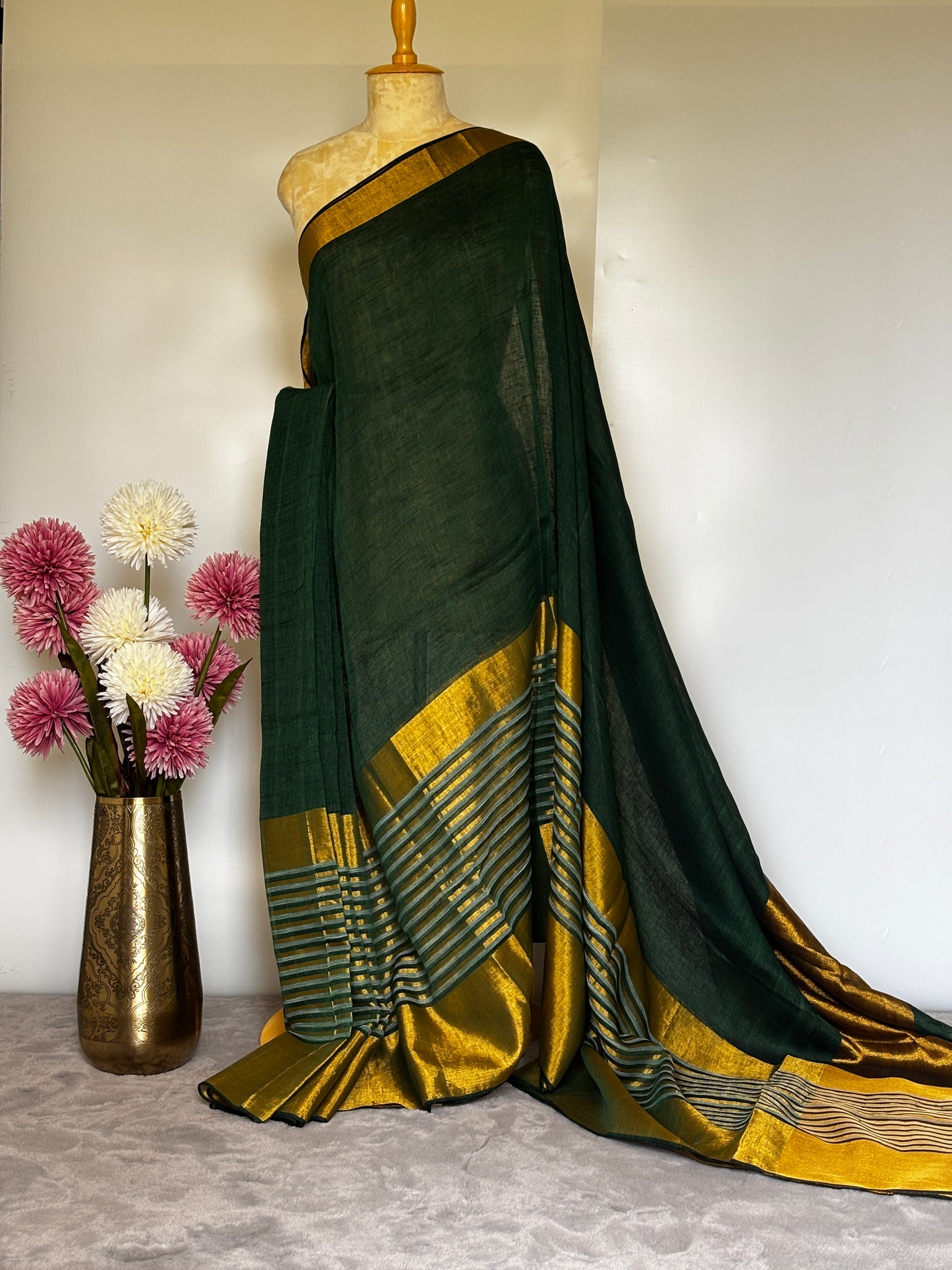 Bottle Green Striped Mahapaar Linen Saree