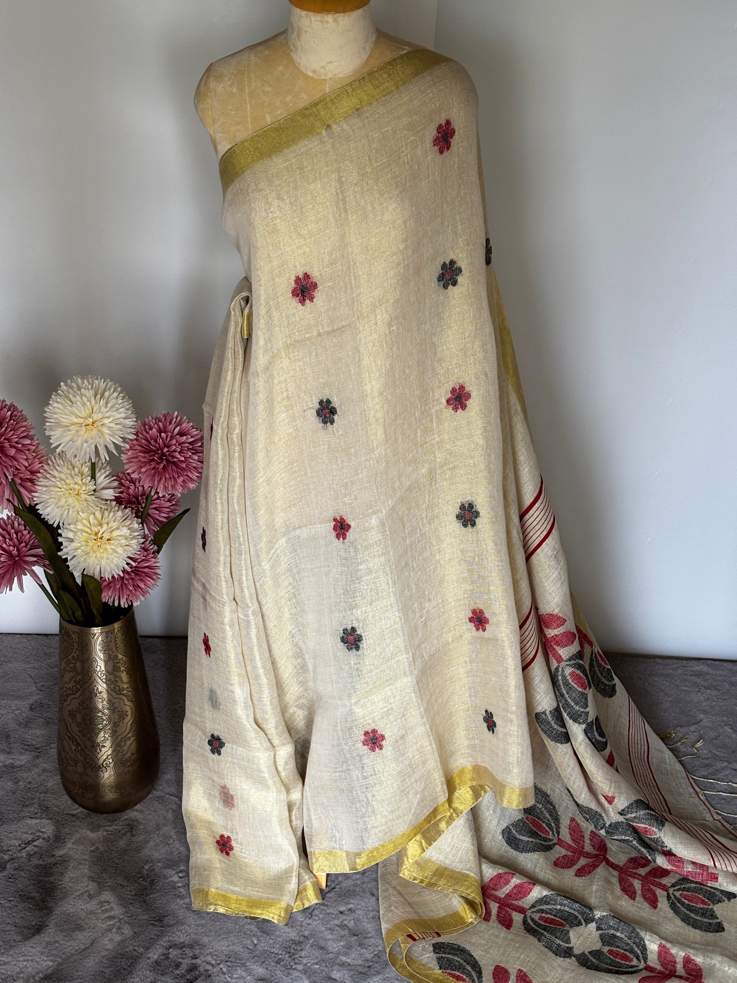 Off White Tissue Linen Saree with black and red weaving
