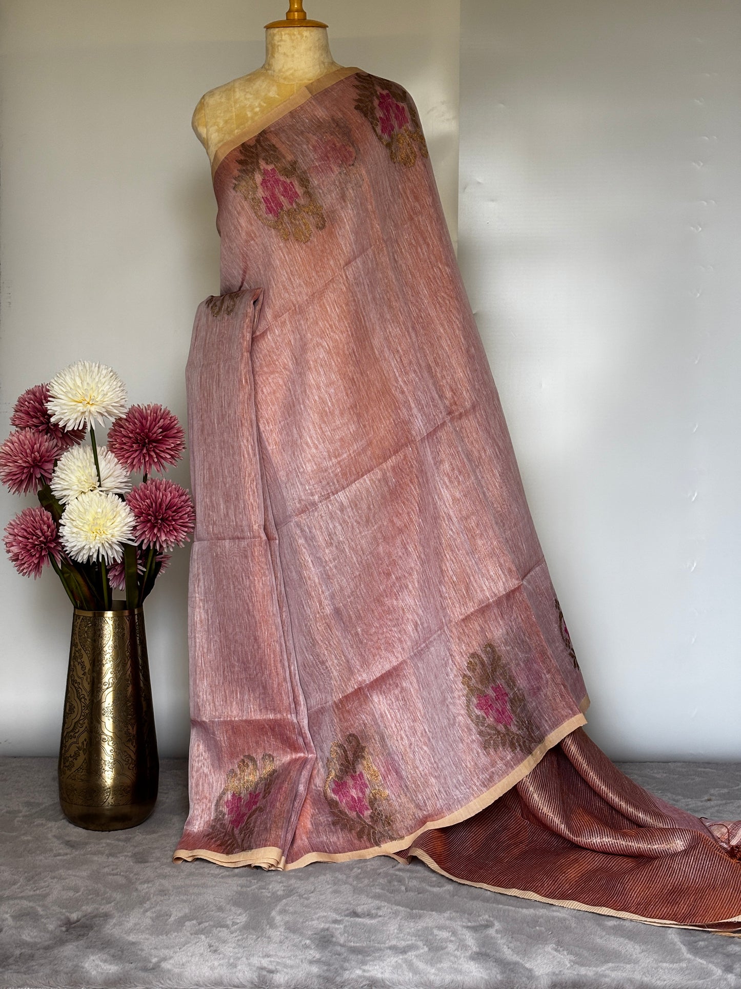 Peach Tissue Linen Saree- Banarasi