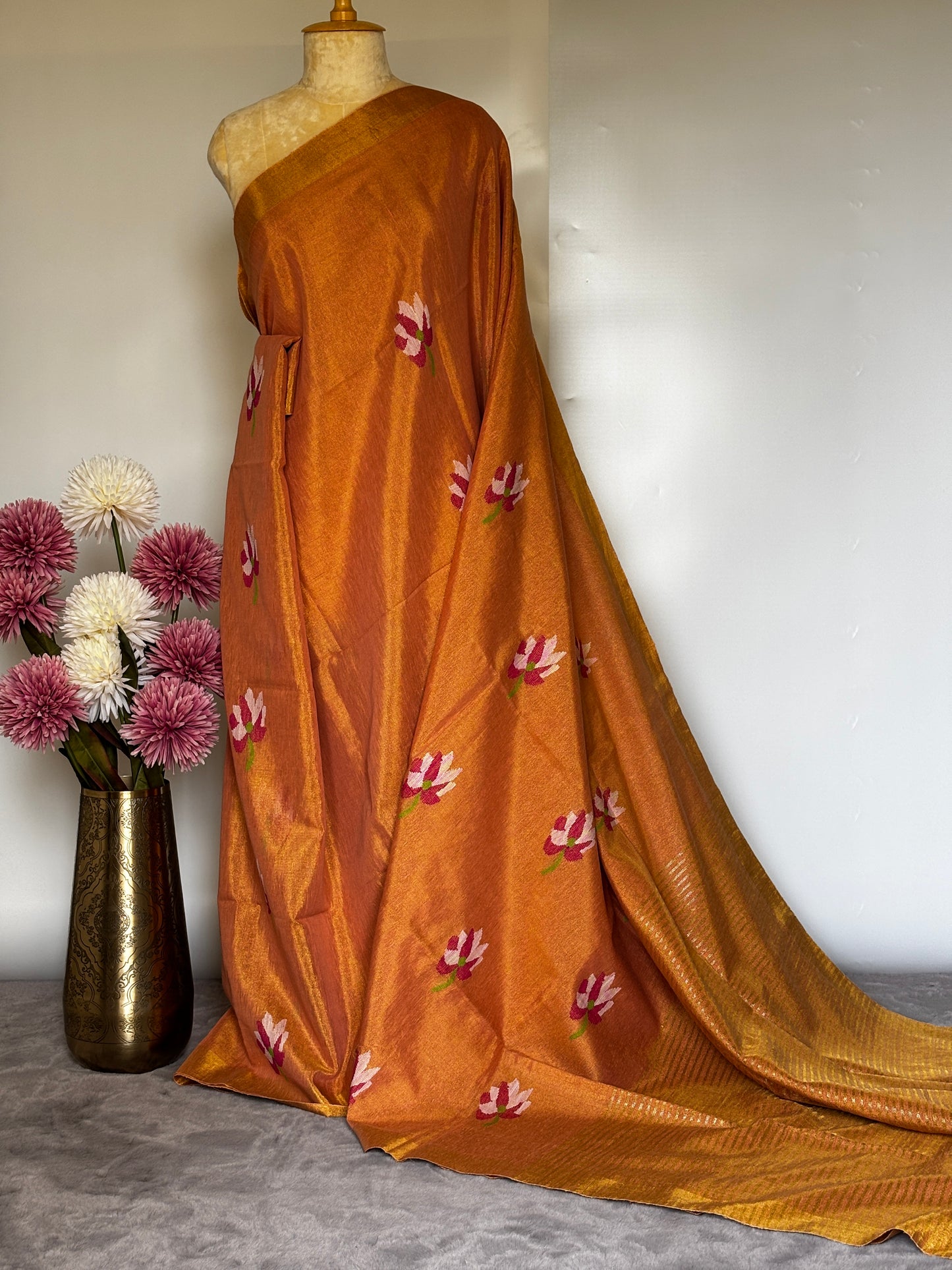 Orangish Peach Tissue Linen Saree- Lotus