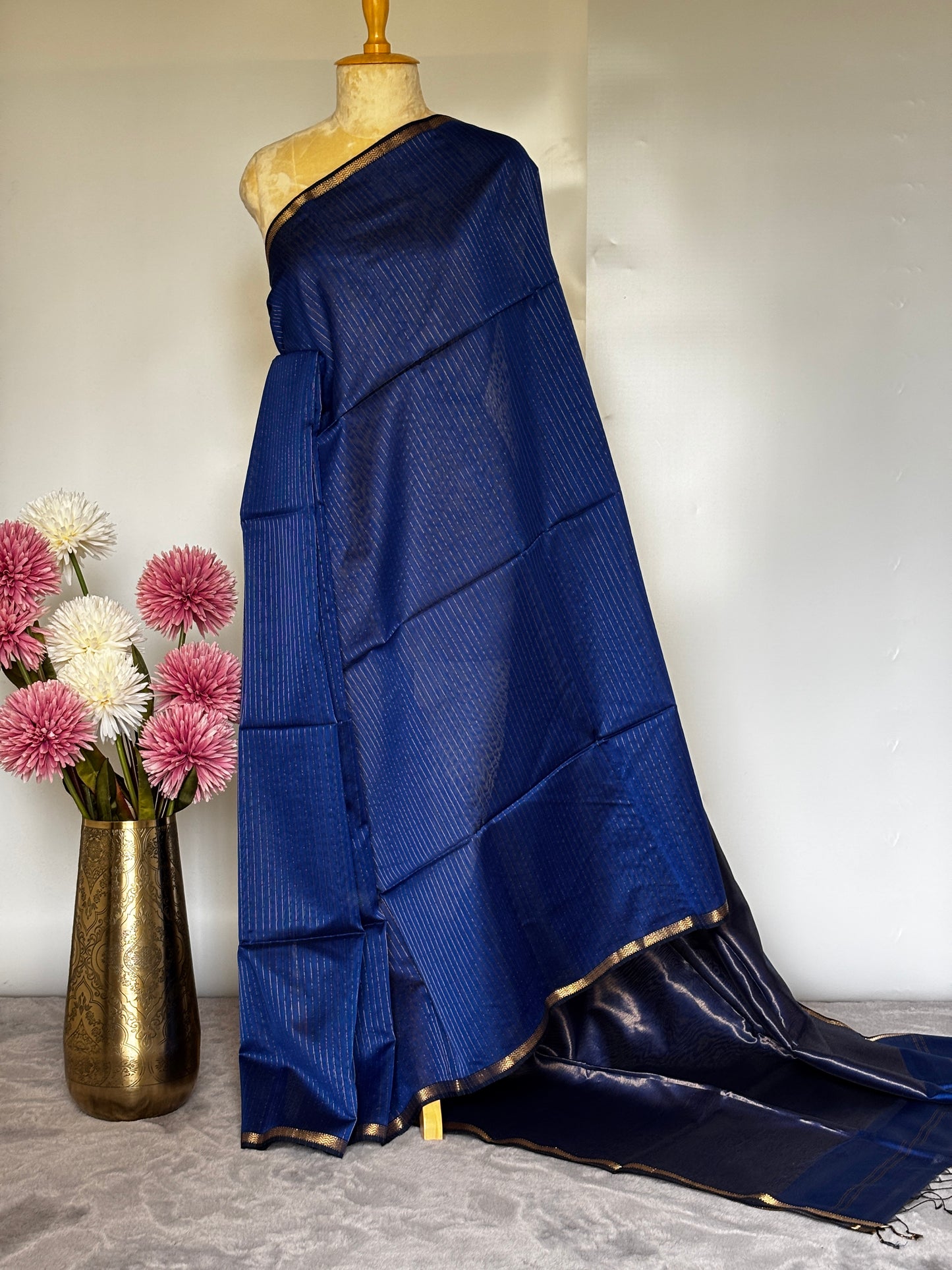 Blue Maheshwari Saree with Zari stripes