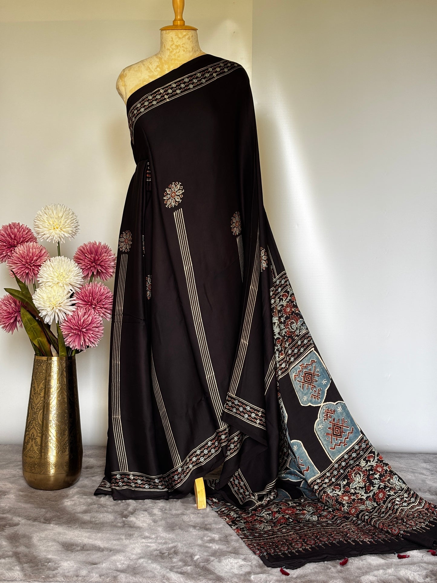 Black Striped Ajrakh Modal Silk Saree