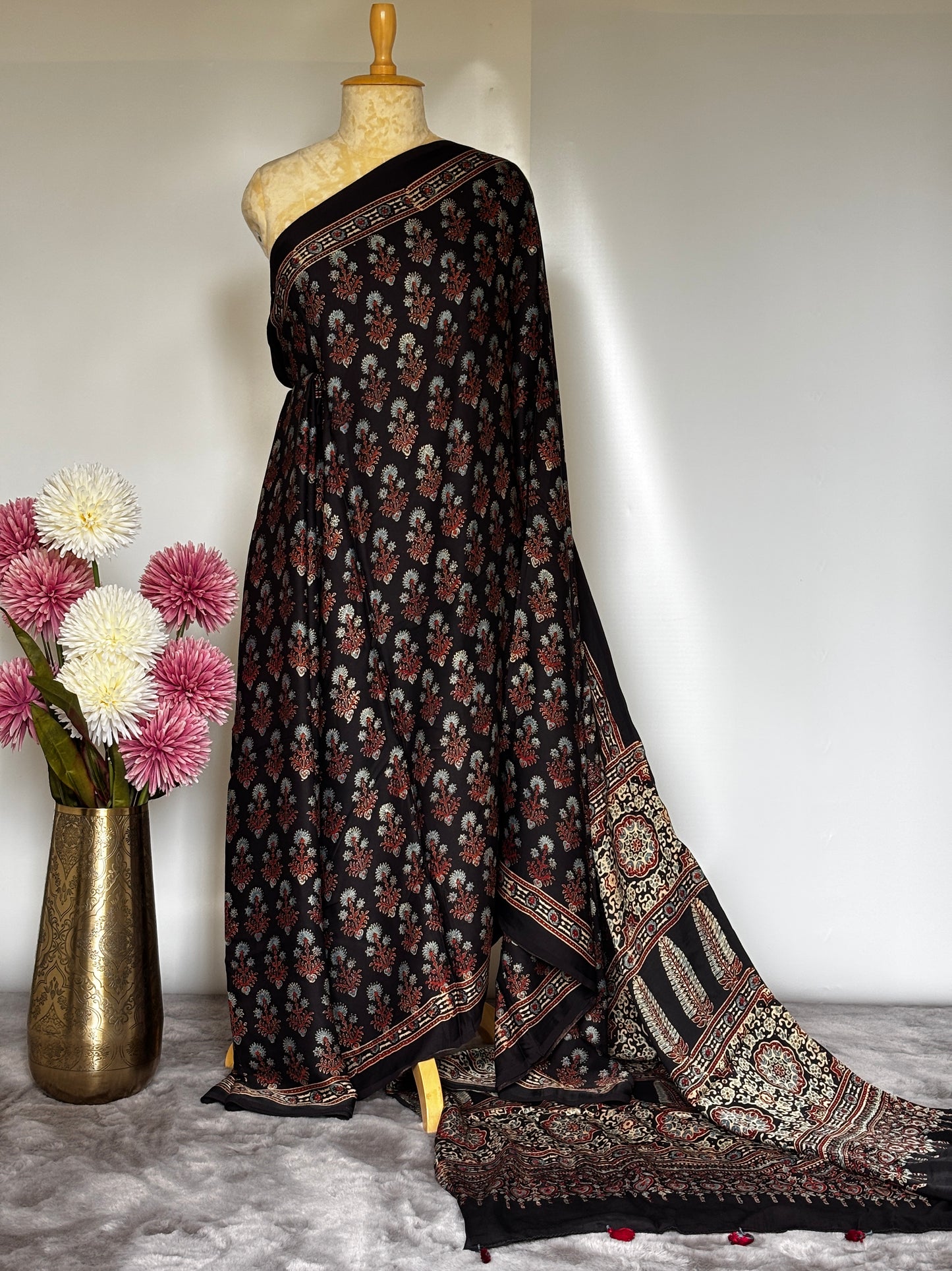 Black Marigold Ajrakh Modal Silk Saree