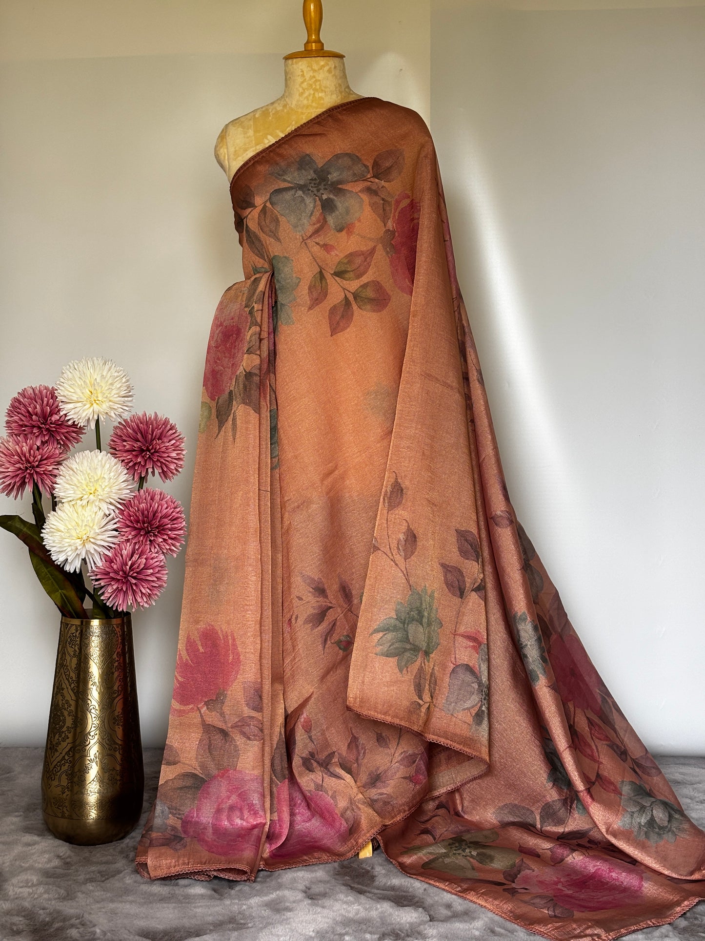 Orangish Peach Crush Tissue Saree with Digital Print