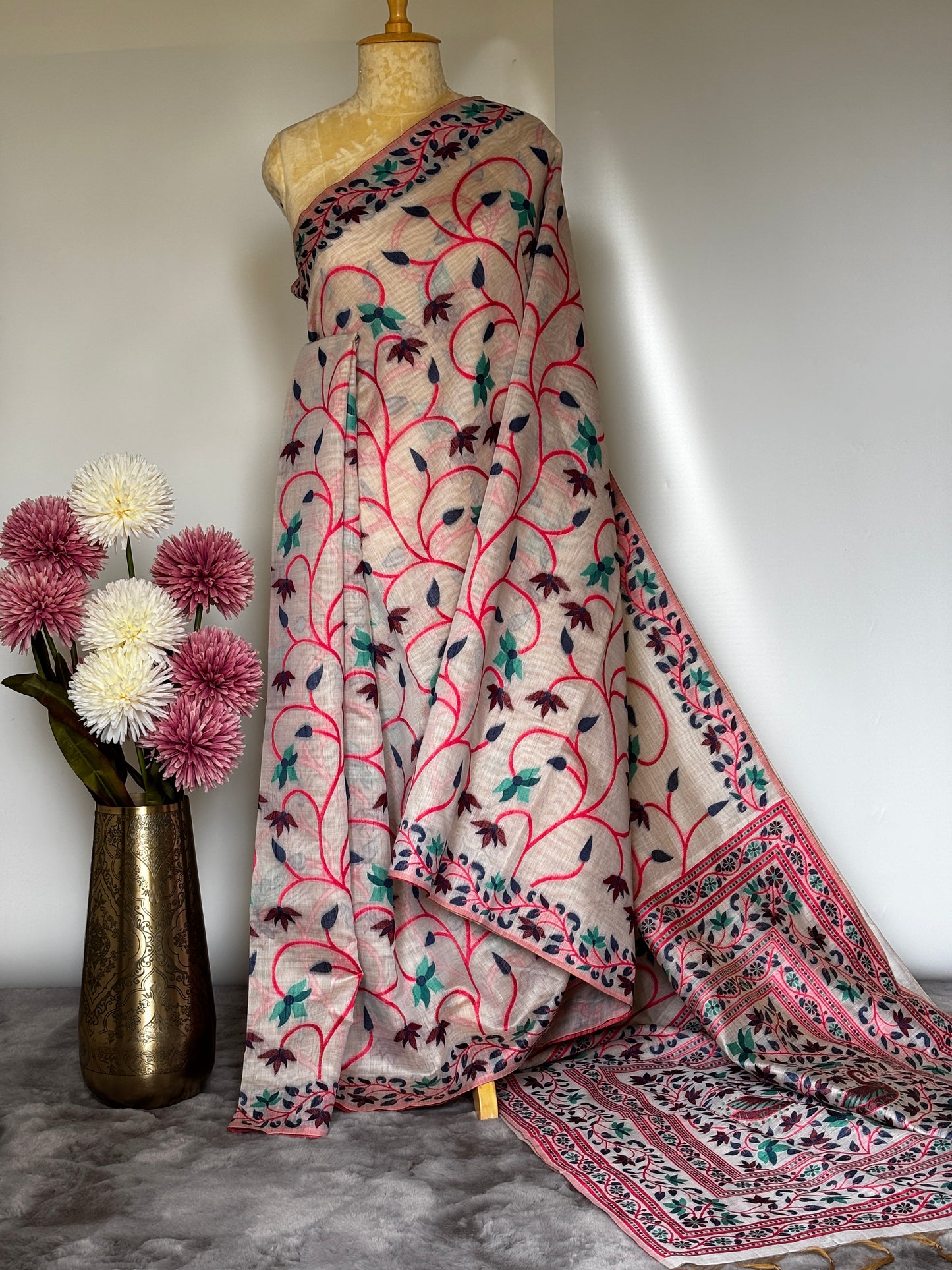 Chanderi Cotton Saree with jaal embroidery - Design 1