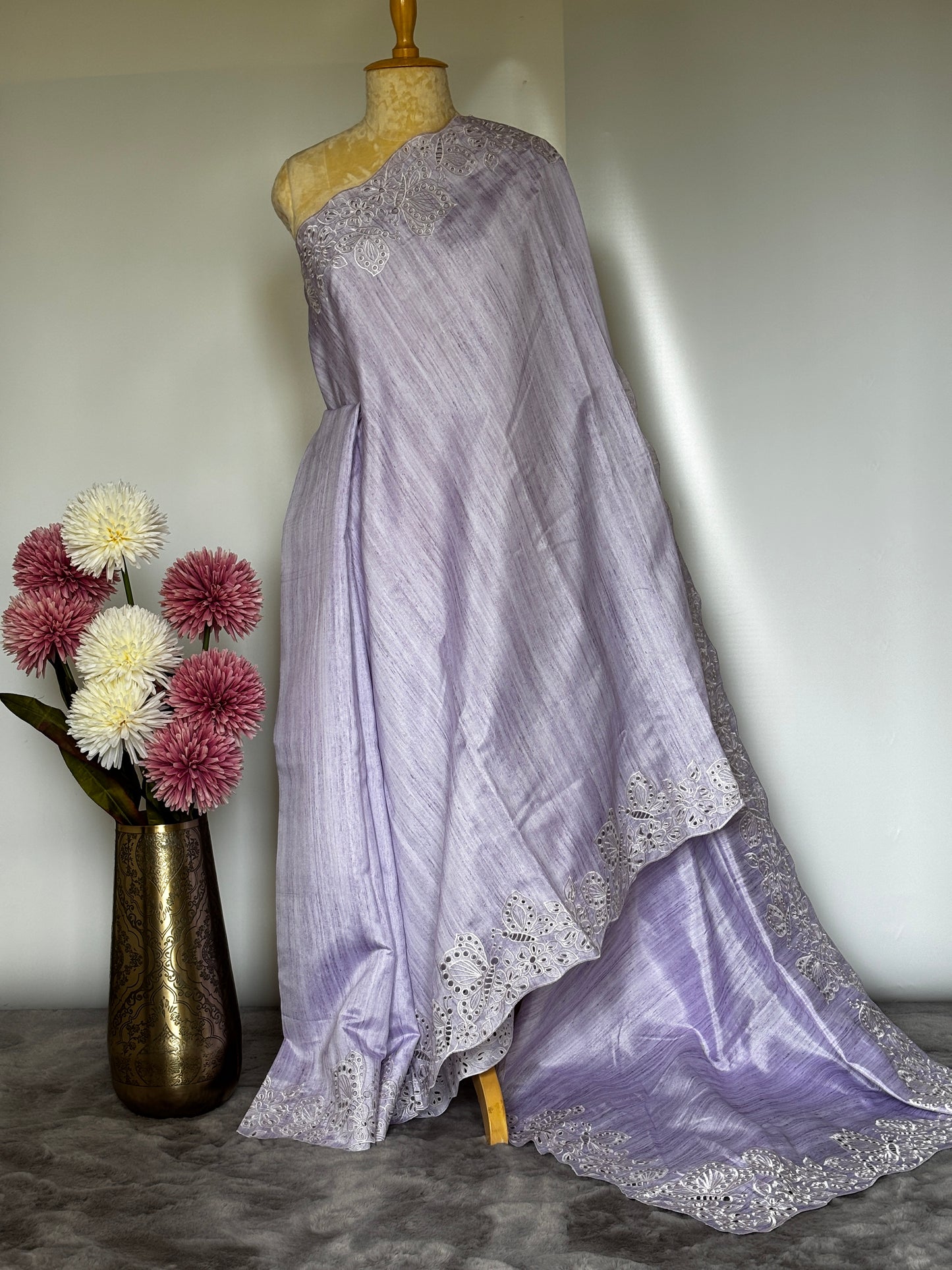 Semi Tussar Saree with Cutwork Borders- Lilac