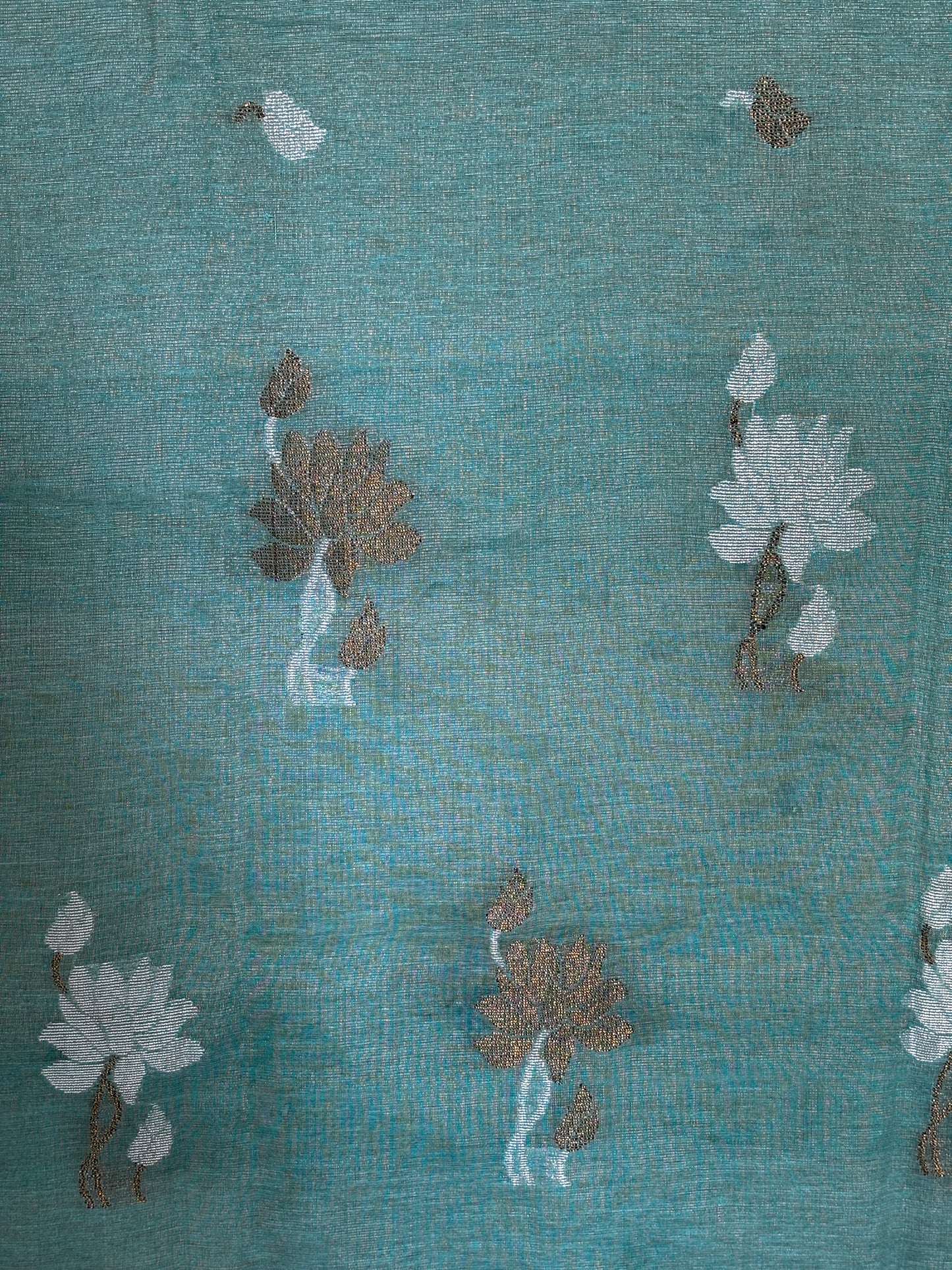 Sea Blue Tissue Linen Saree- Flower butta