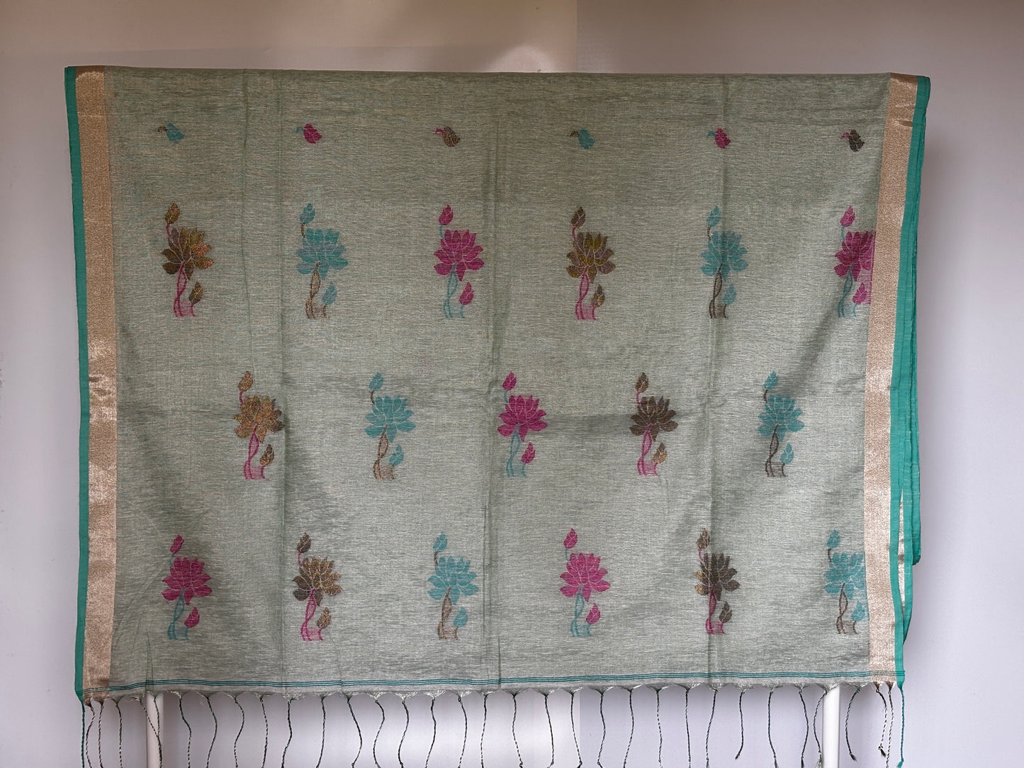 Mint Green Tissue Linen Saree- Flower butta