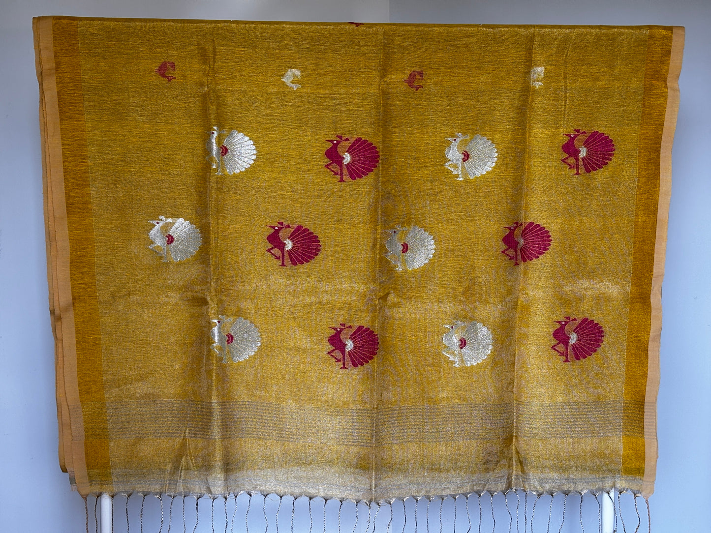 Yellow Tissue Linen Saree- Peacock