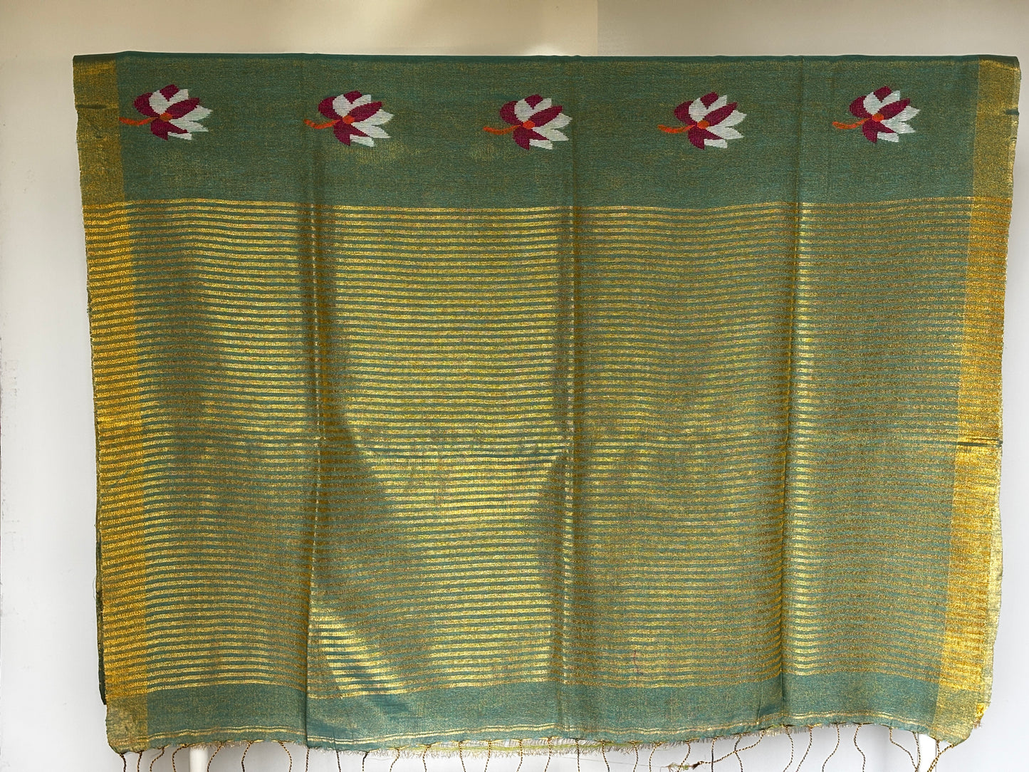 Bluish Green Tissue Linen Saree- Lotus