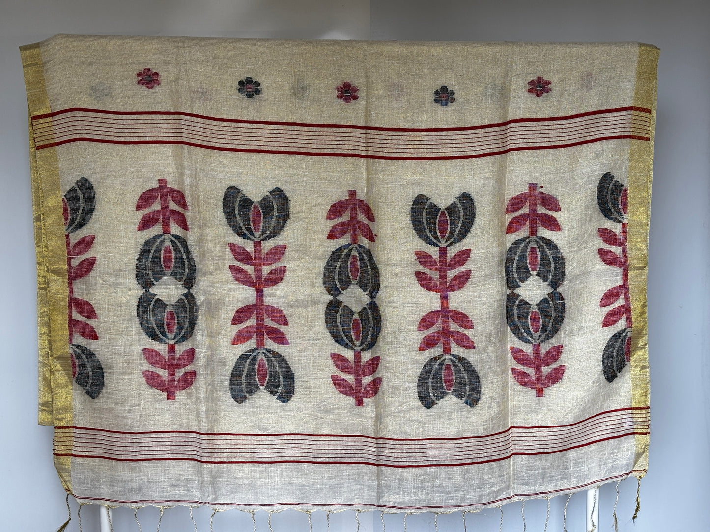 Off White Tissue Linen Saree with black and red weaving