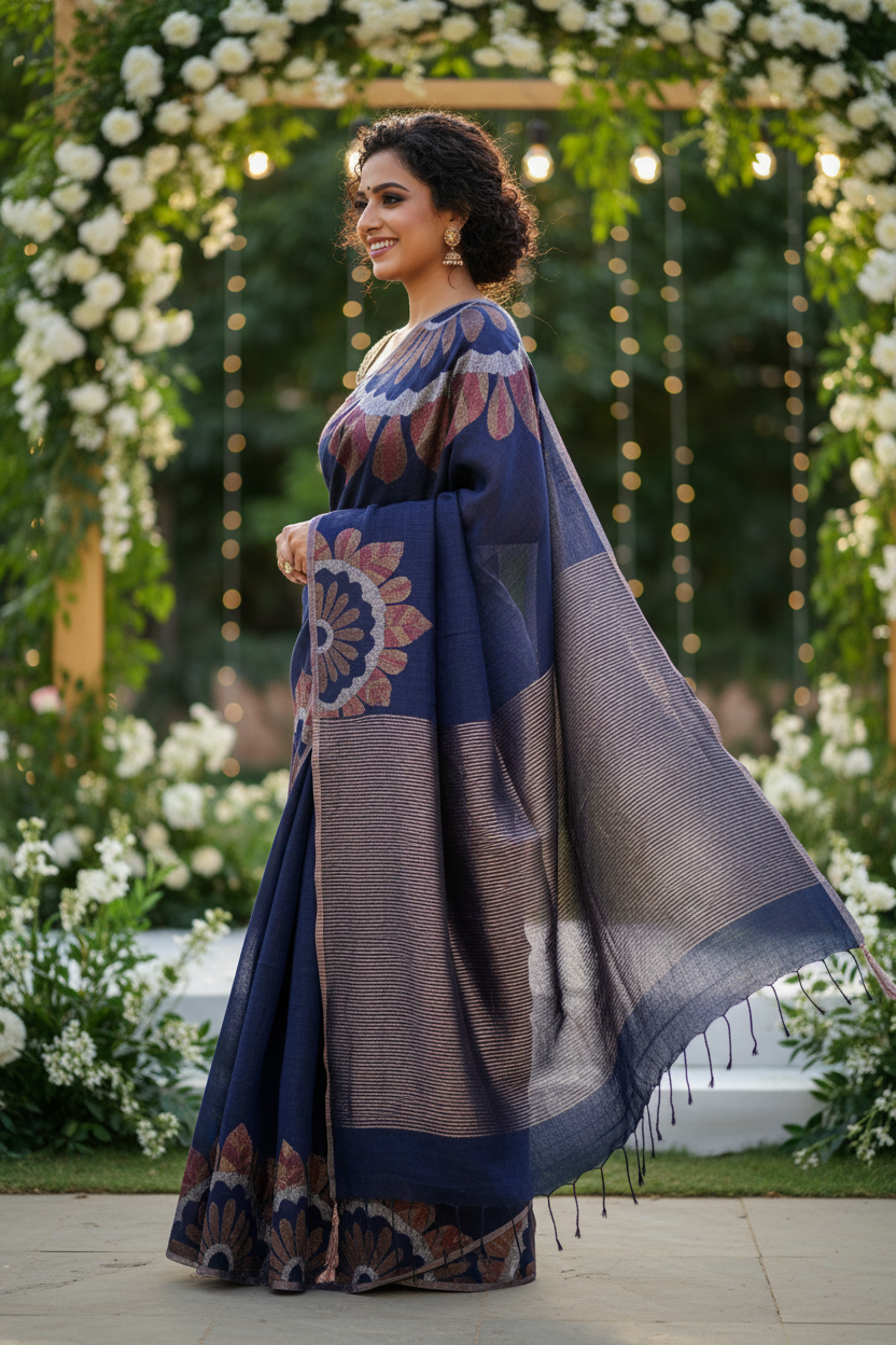 Blue Linen Saree