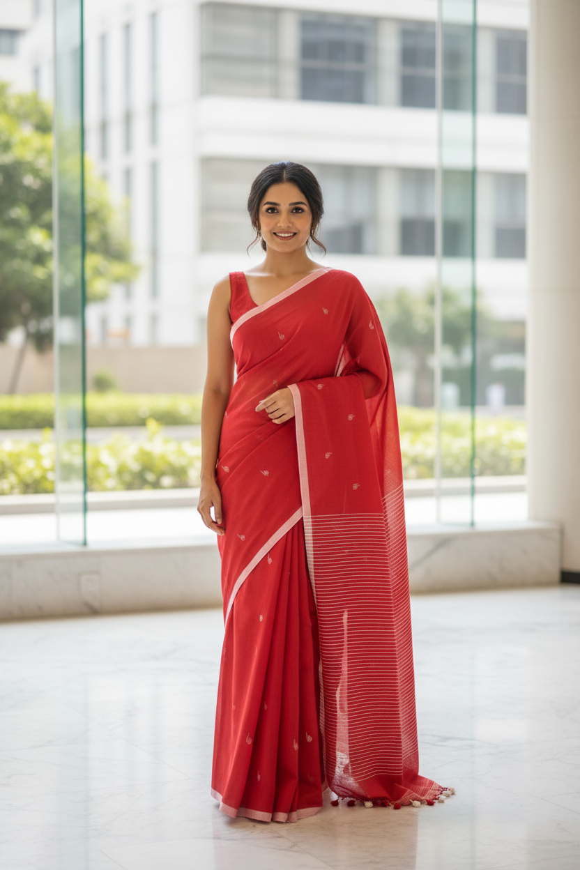 Red and White Cotton Saree