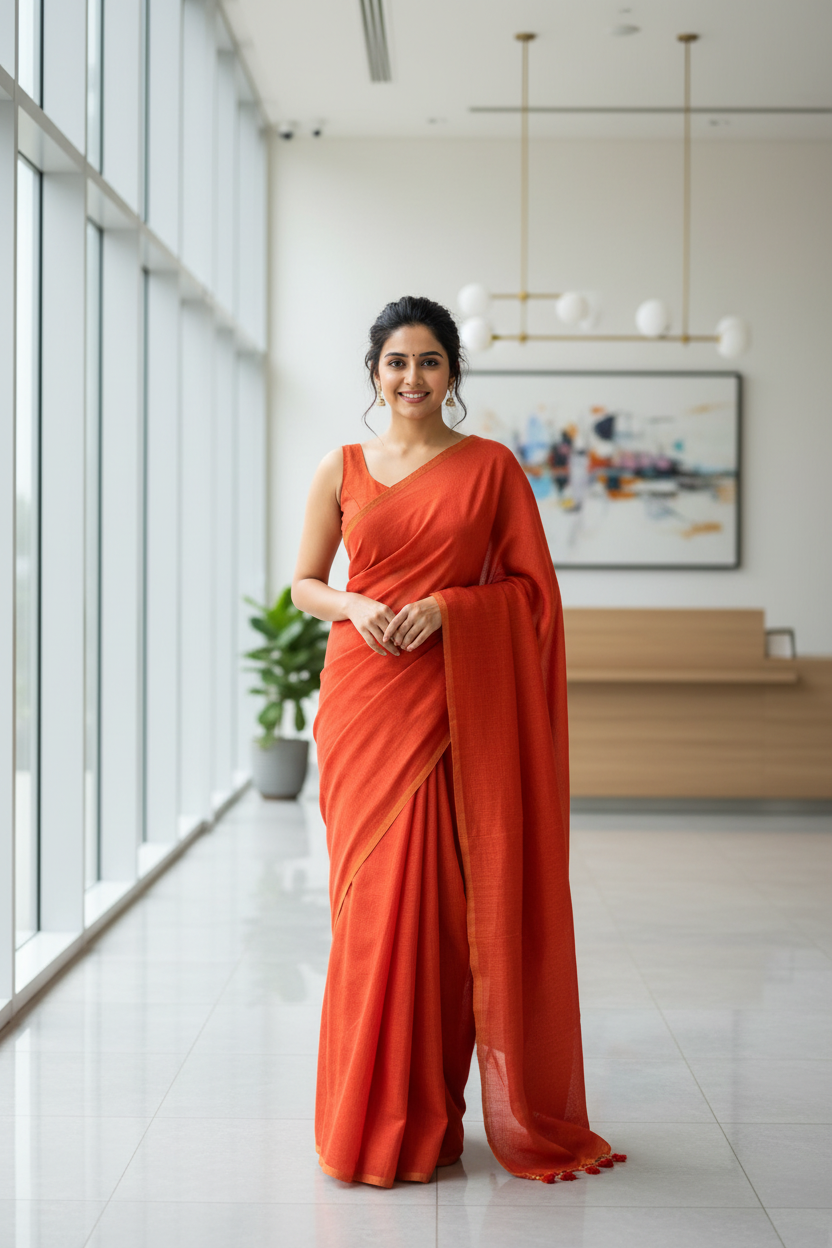 Orange Cotton Saree with Mild Yellow Tint
