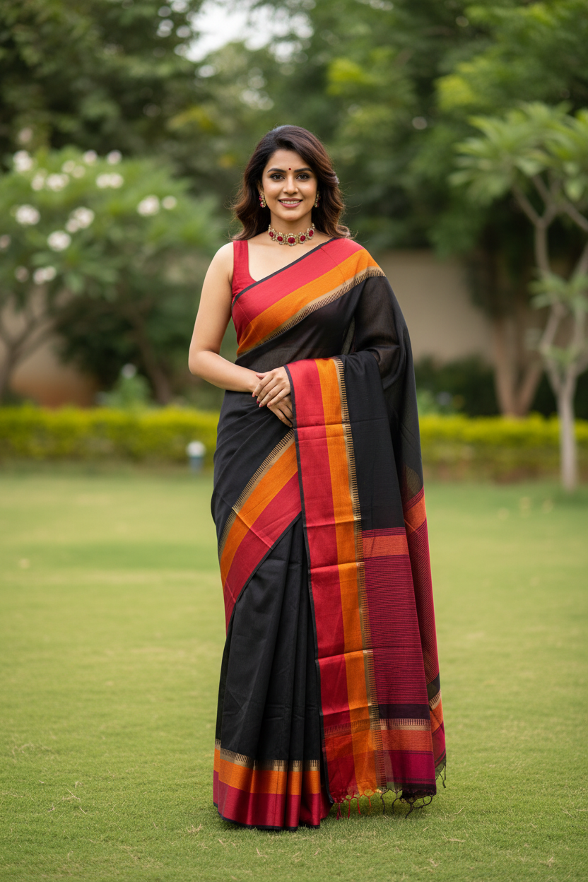 Black Maheshwari Saree with Red and Orange Borders