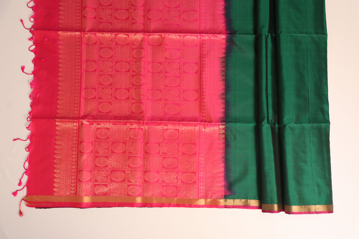 Bottle Green and Pink Kanjivaram Soft Silk Saree