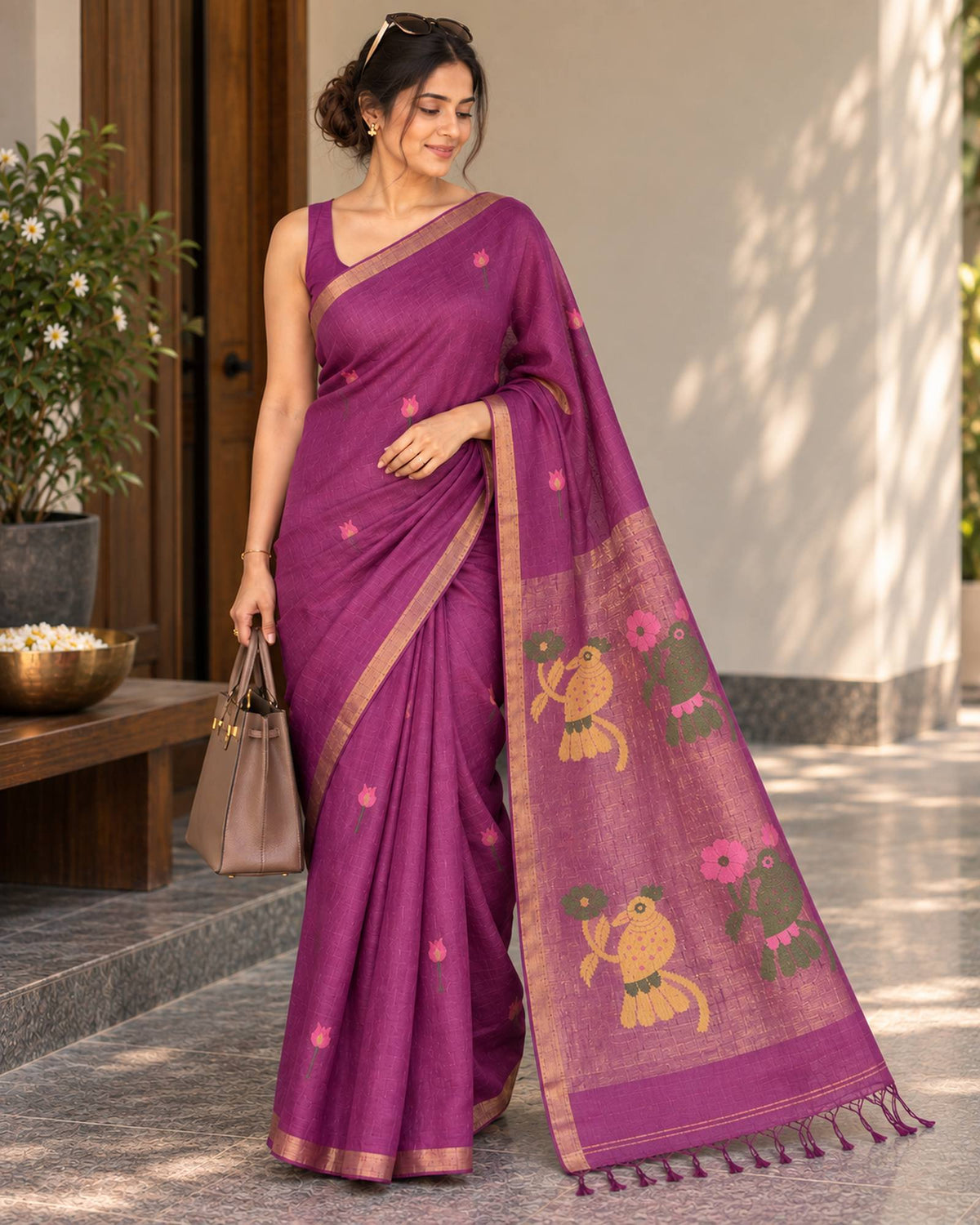 Baingani - Purple Linen Jamdani Saree with Paithani Palla