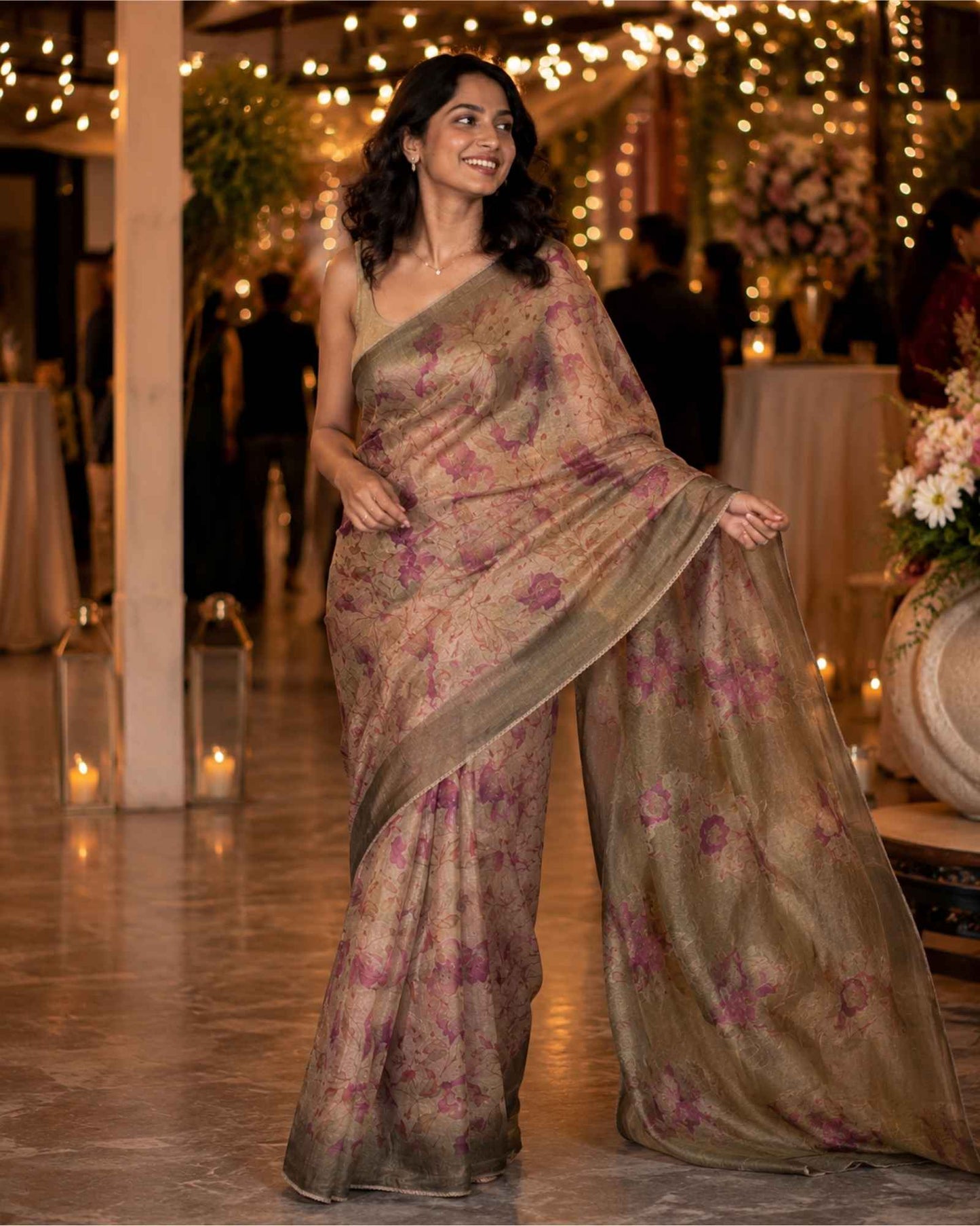 Beige and Purple Crush Tissue Saree with Digital Print