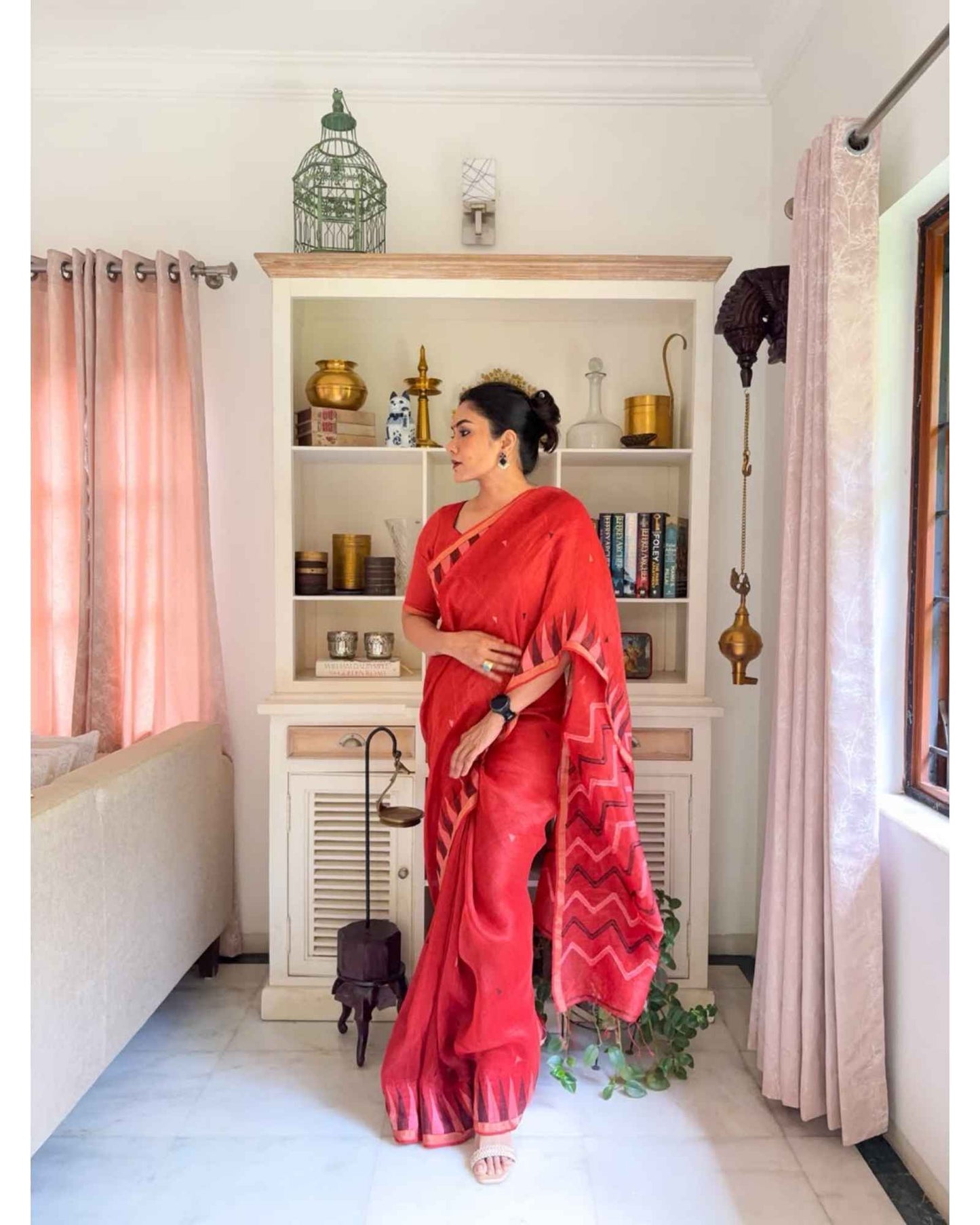 Shikhara - Red Silk Linen with Temple Border