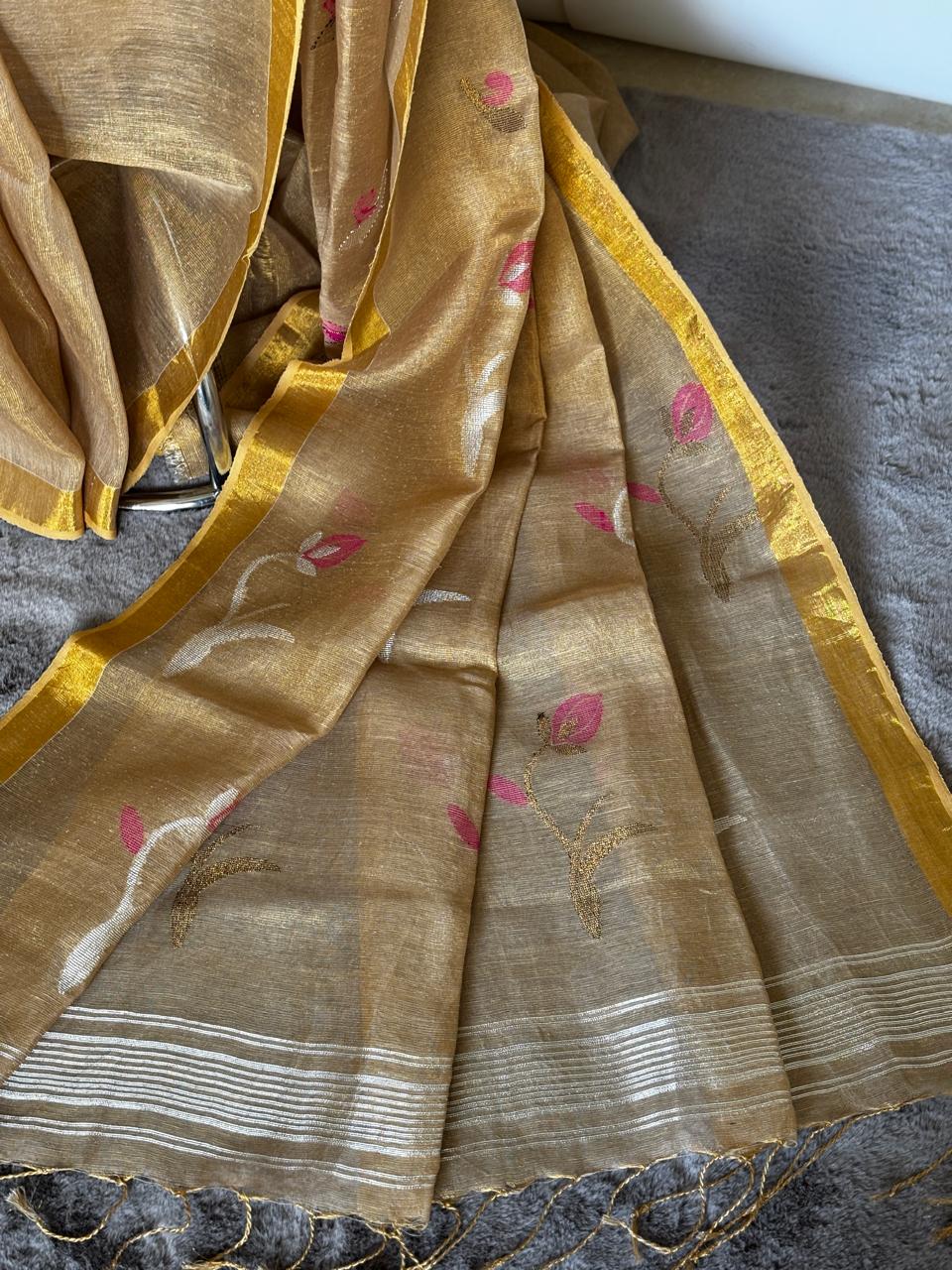 Dark Golden Tissue Linen Saree- Tulips