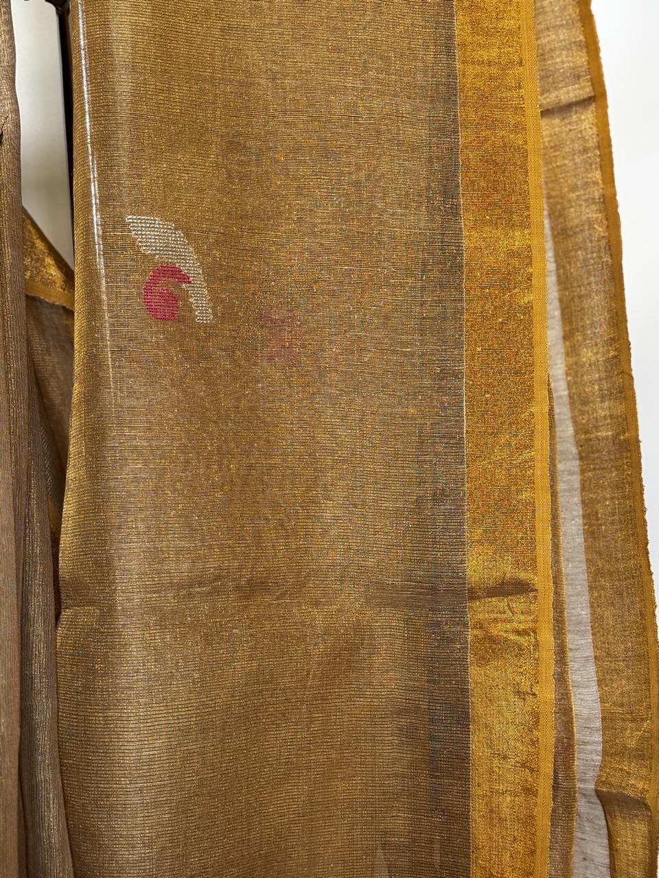 Dark Golden Tissue Linen Saree- Tulips