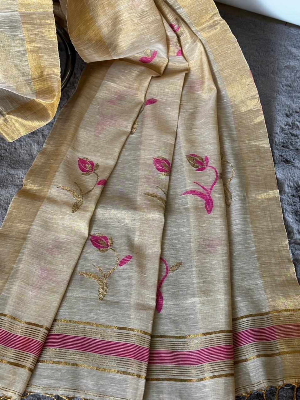 Light Golden Tissue Linen Saree - Tulips