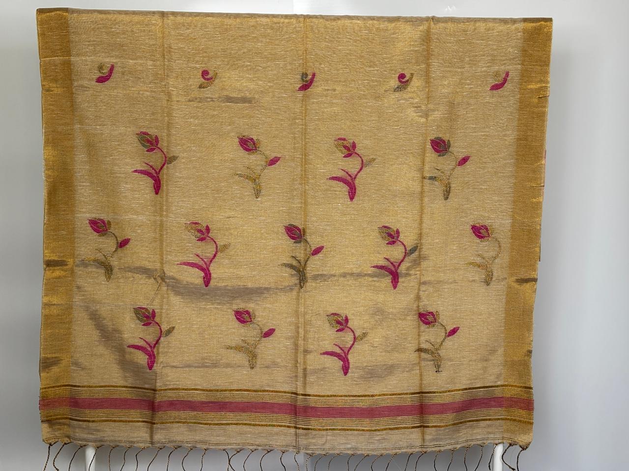 Light Golden Tissue Linen Saree - Tulips