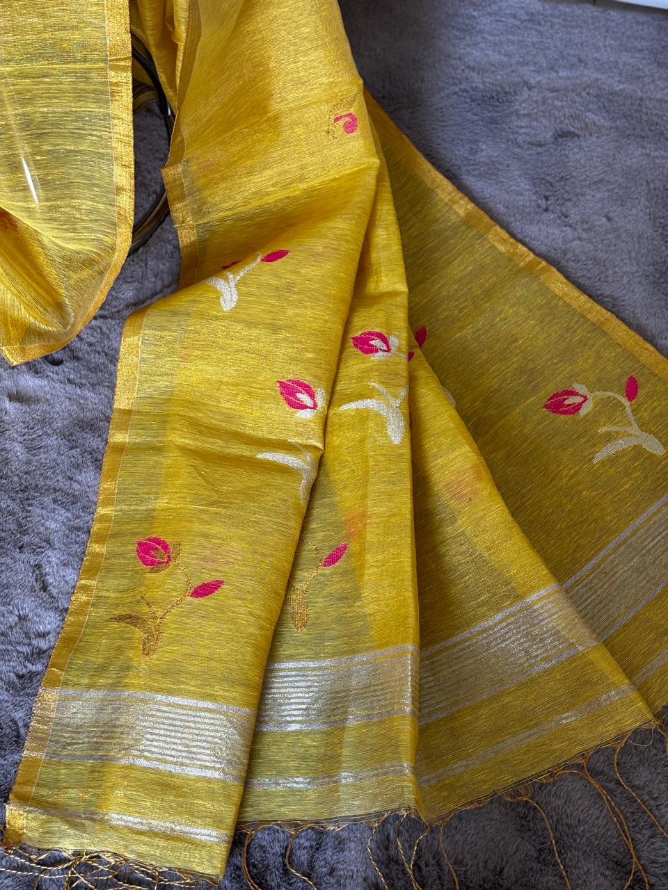 Yellow Tissue Linen Saree- Tulips