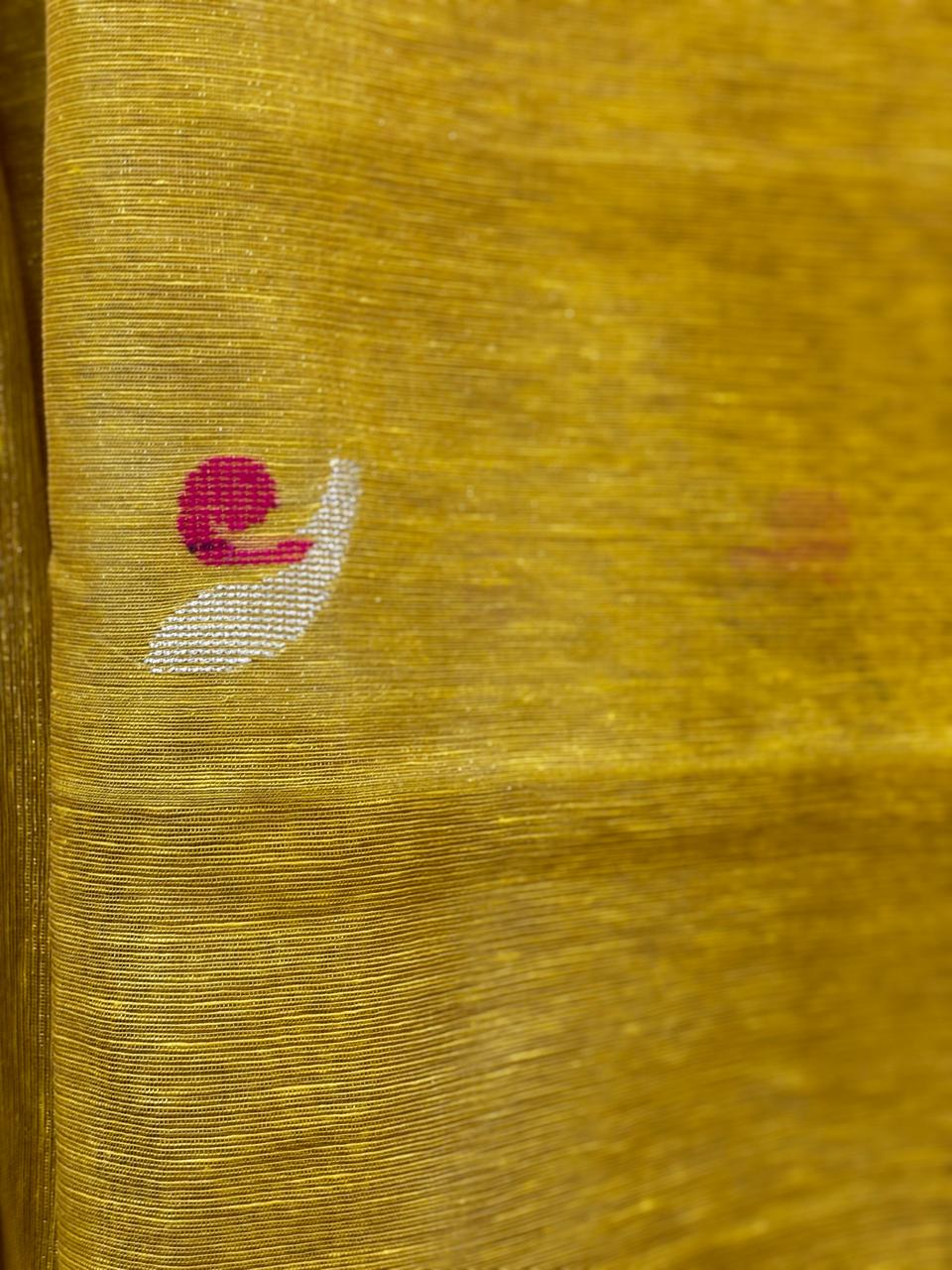 Yellow Tissue Linen Saree- Tulips