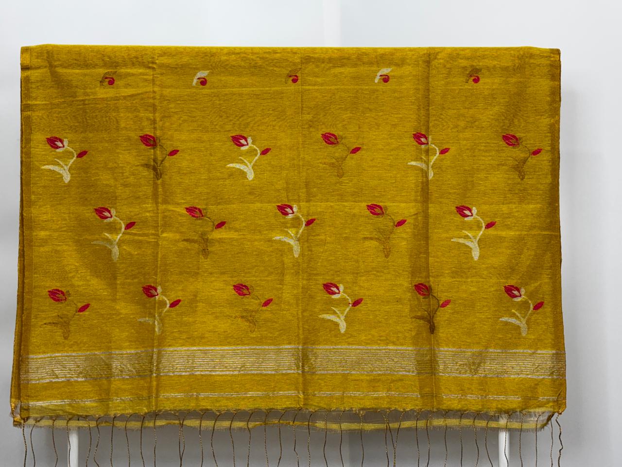 Yellow Tissue Linen Saree- Tulips