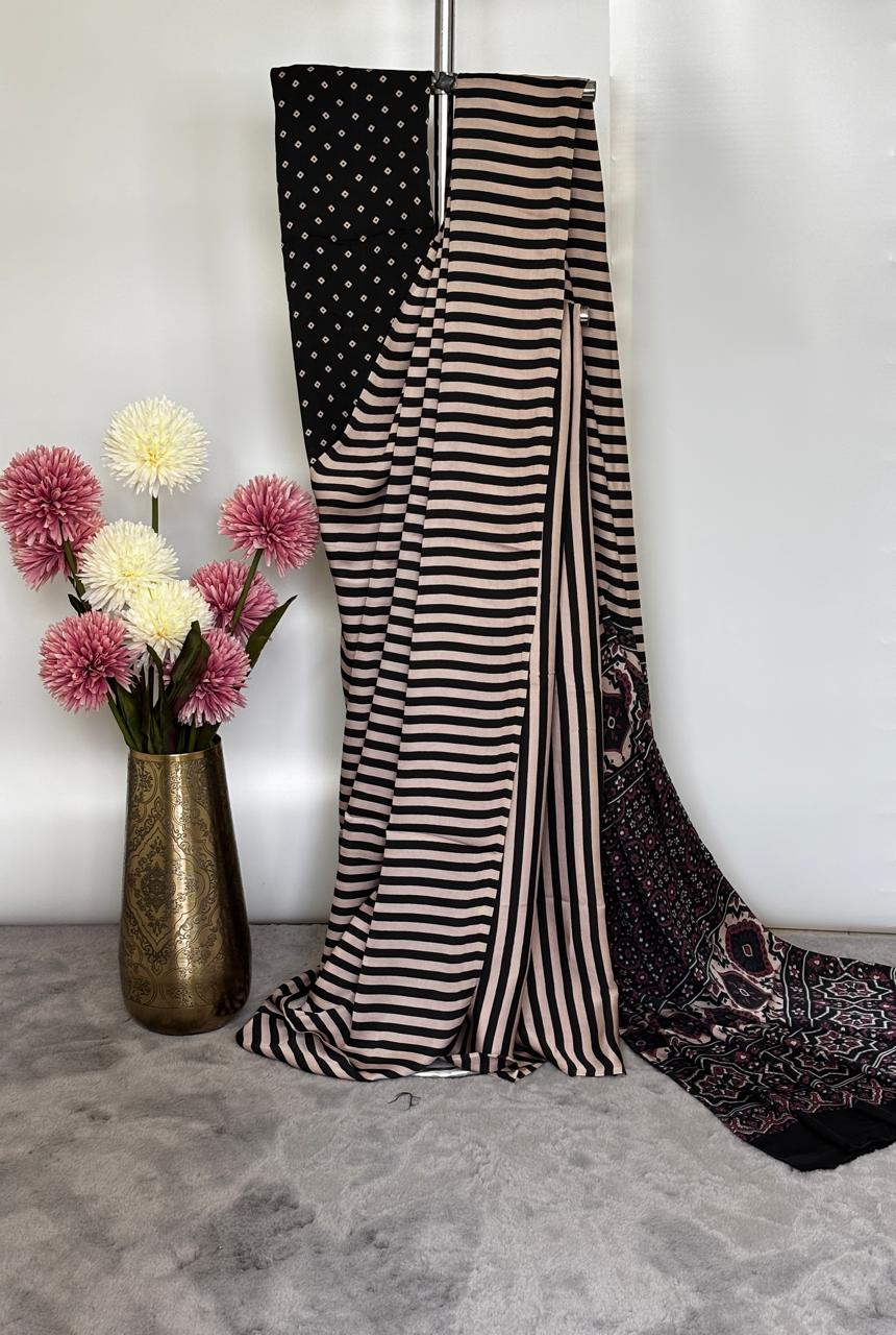 Modal Silk- Striped saree with red paalu