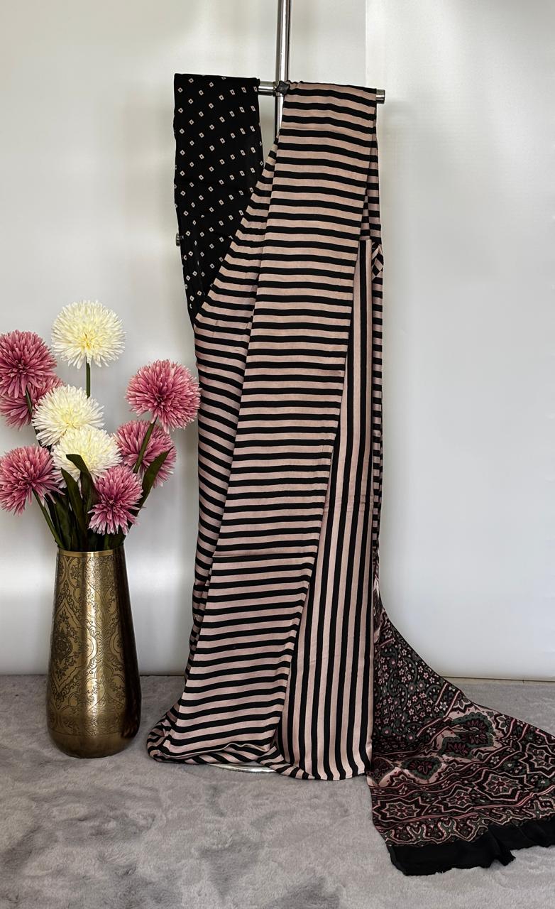 Modal Silk- Striped saree with green paalu