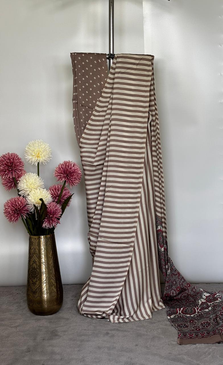 Modal Silk- Nude and beige striped saree