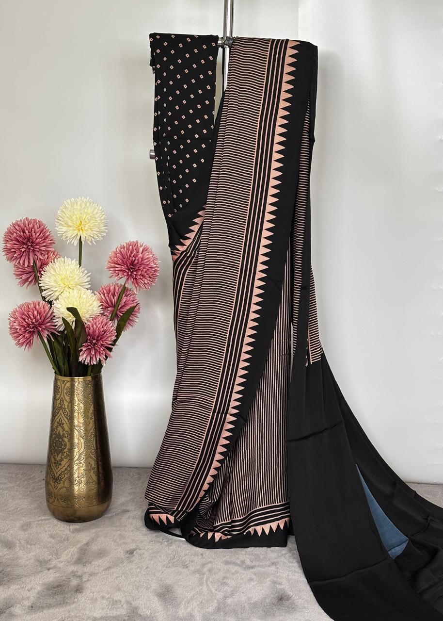 Modal Silk- Striped Saree with blue dot pallu