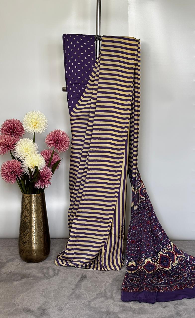 Modal Silk- Purple striped saree