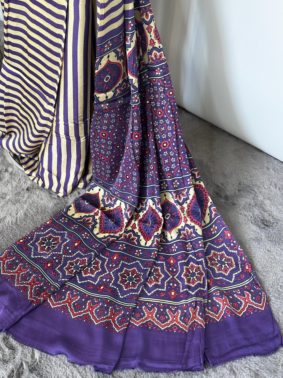 Modal Silk- Purple striped saree