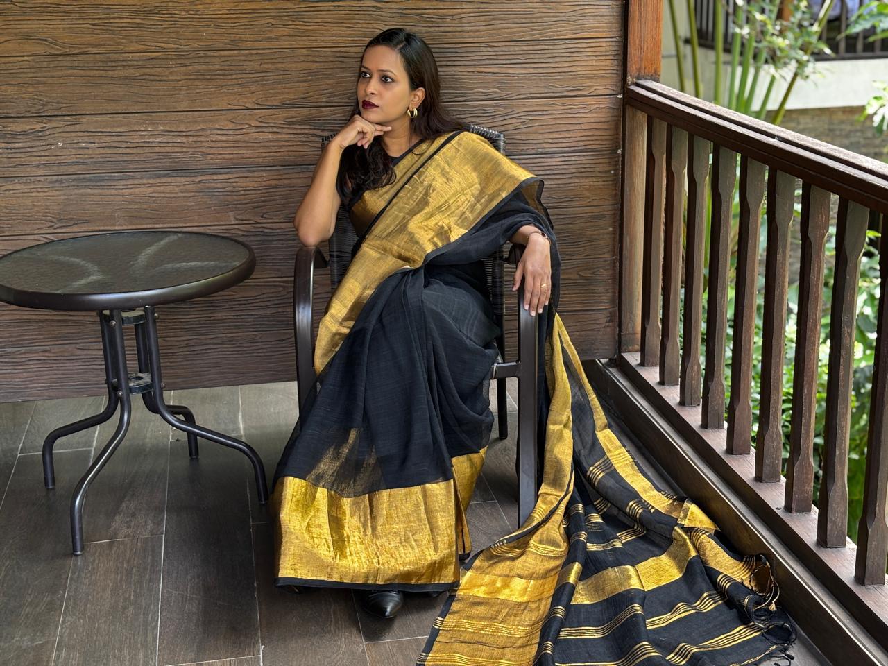 Black Mahapaar Linen Saree