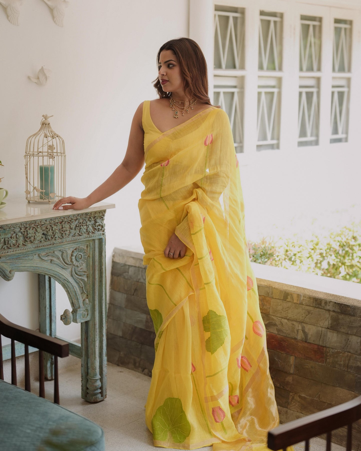 Yellow Silk Linen Saree- Lotus