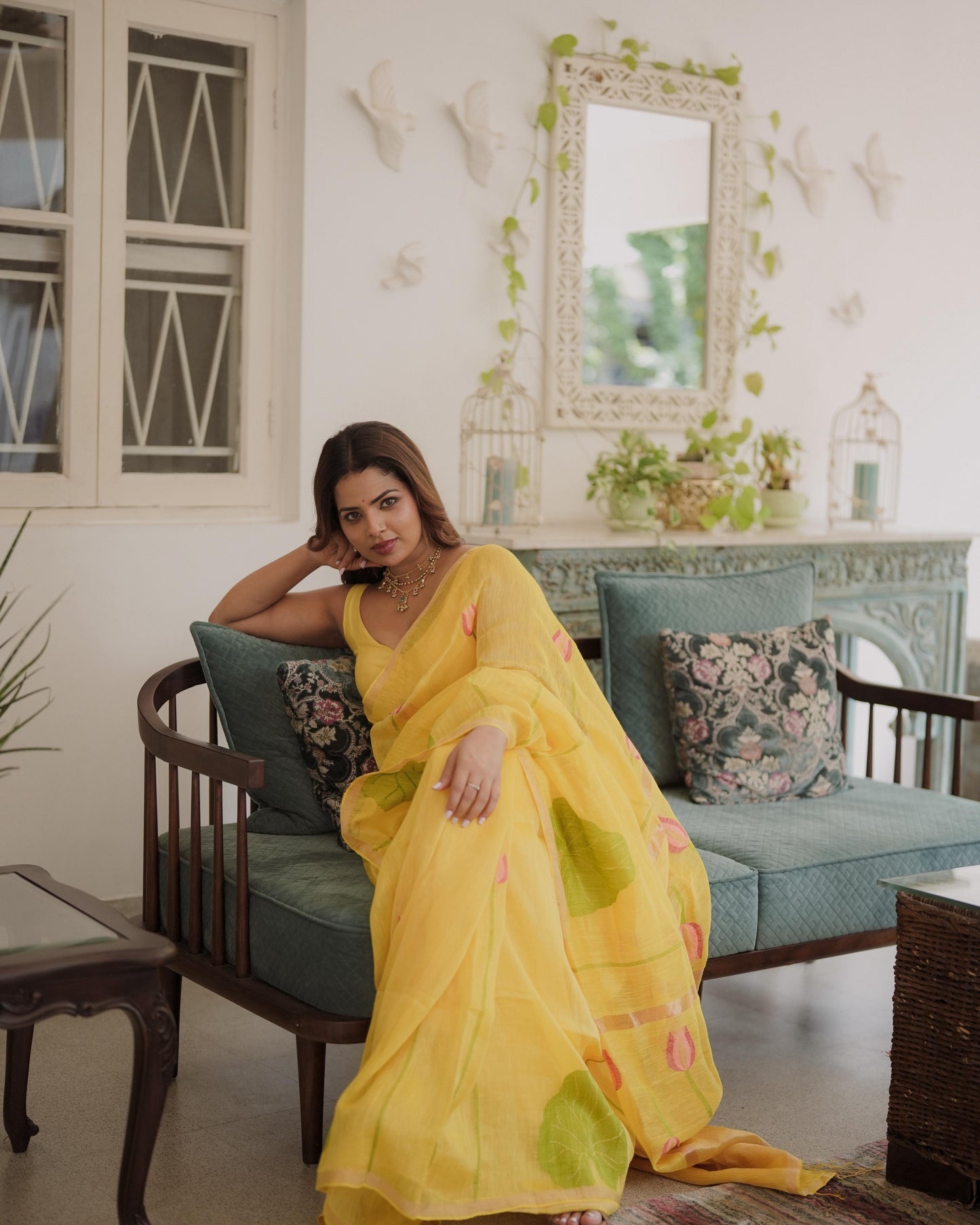Yellow Silk Linen Saree- Lotus