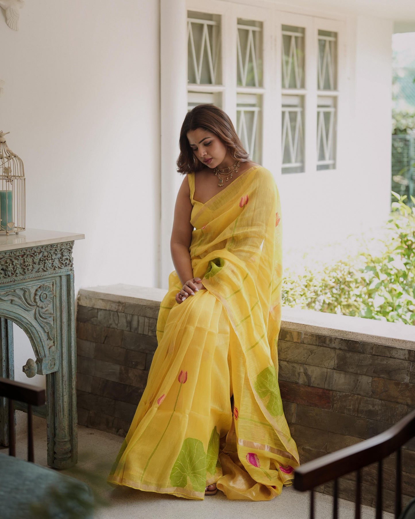 Yellow Silk Linen Saree- Lotus